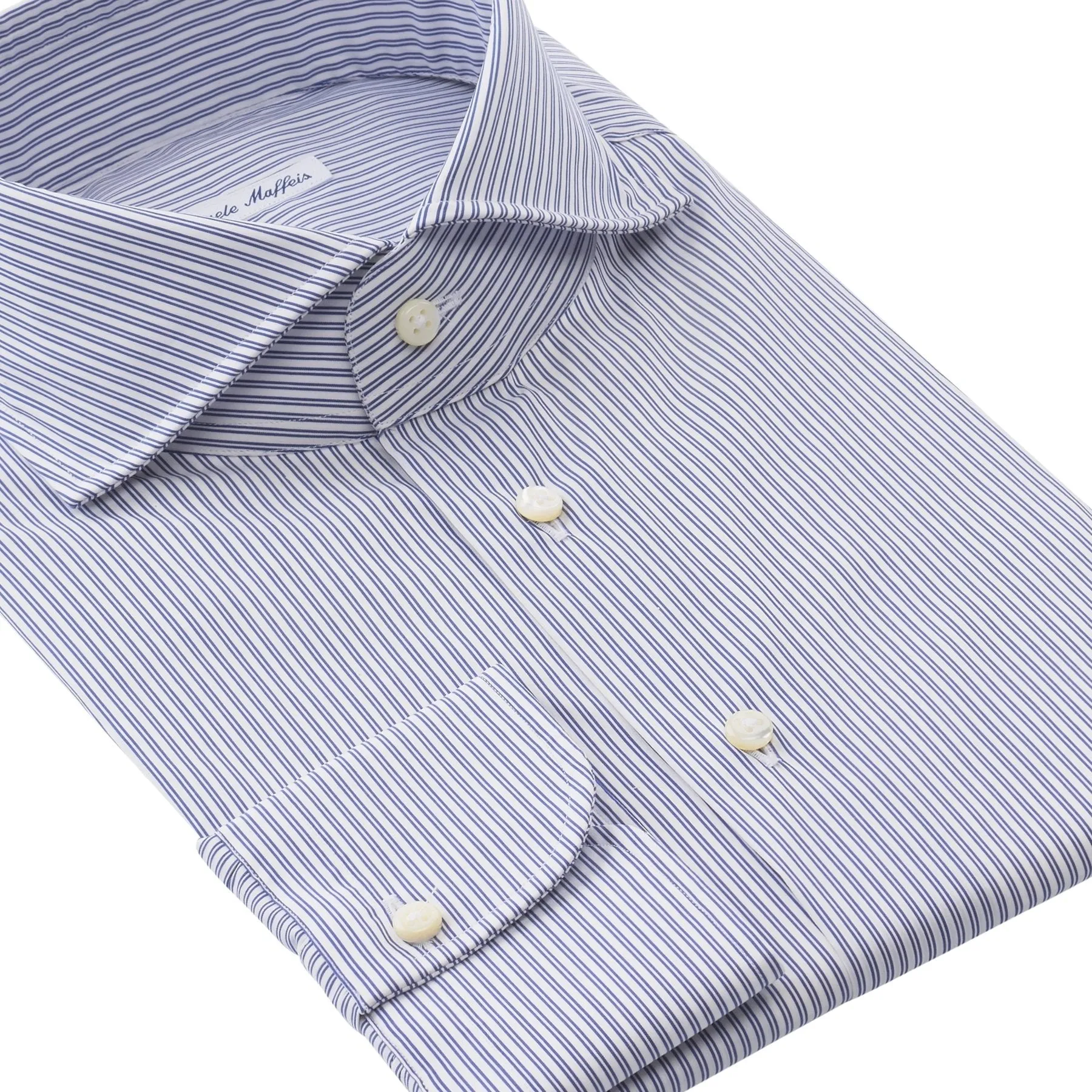 Double-Stripe Stretch-Cotton Blue Shirt with Shark Collar