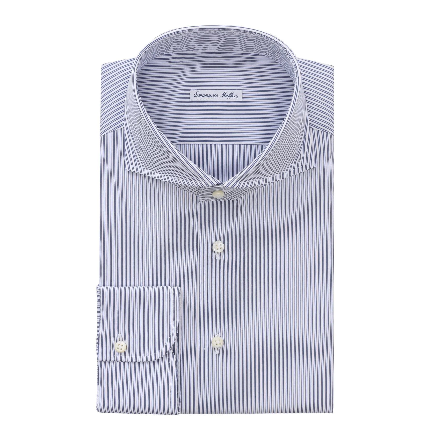 Double-Stripe Stretch-Cotton Blue Shirt with Shark Collar