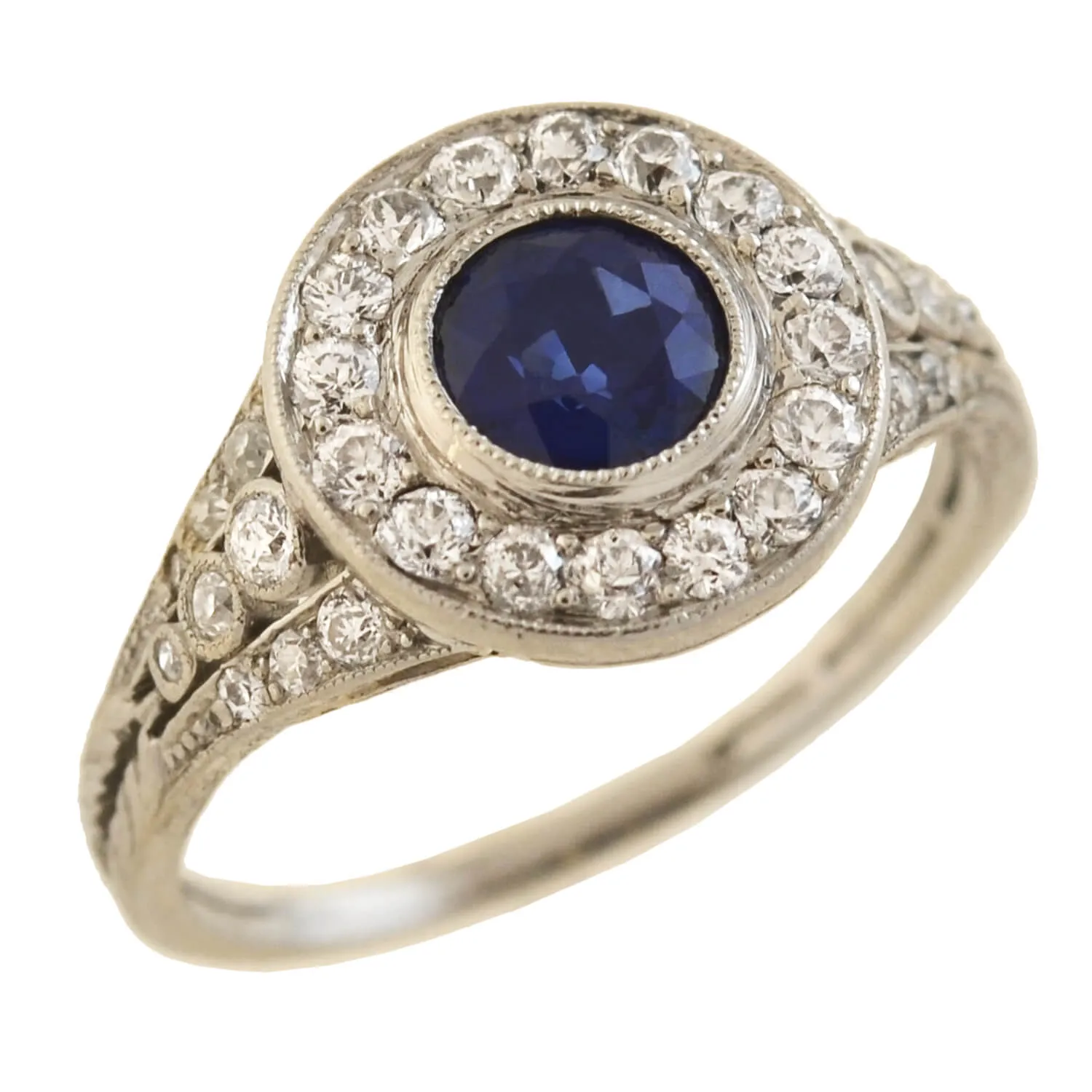 Edwardian Platinum Sapphire   Diamond Cluster Ring 0.70ct center