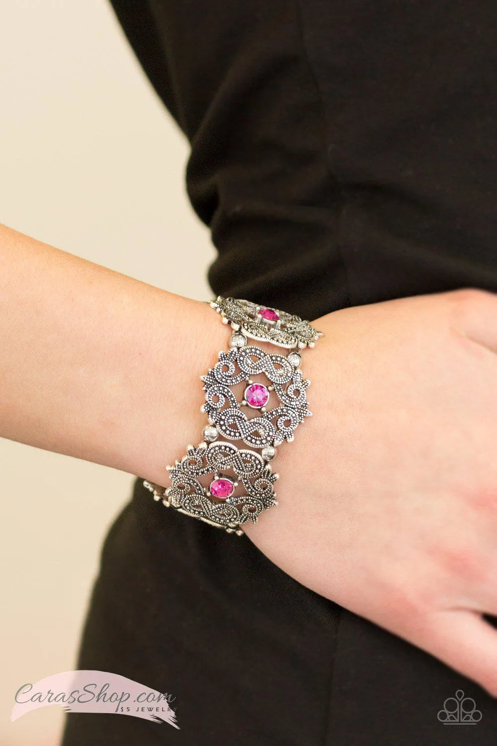 EMPRESS-ive Shimmer Ornate Silver and Pink Stretch Bracelet - Paparazzi Accessories