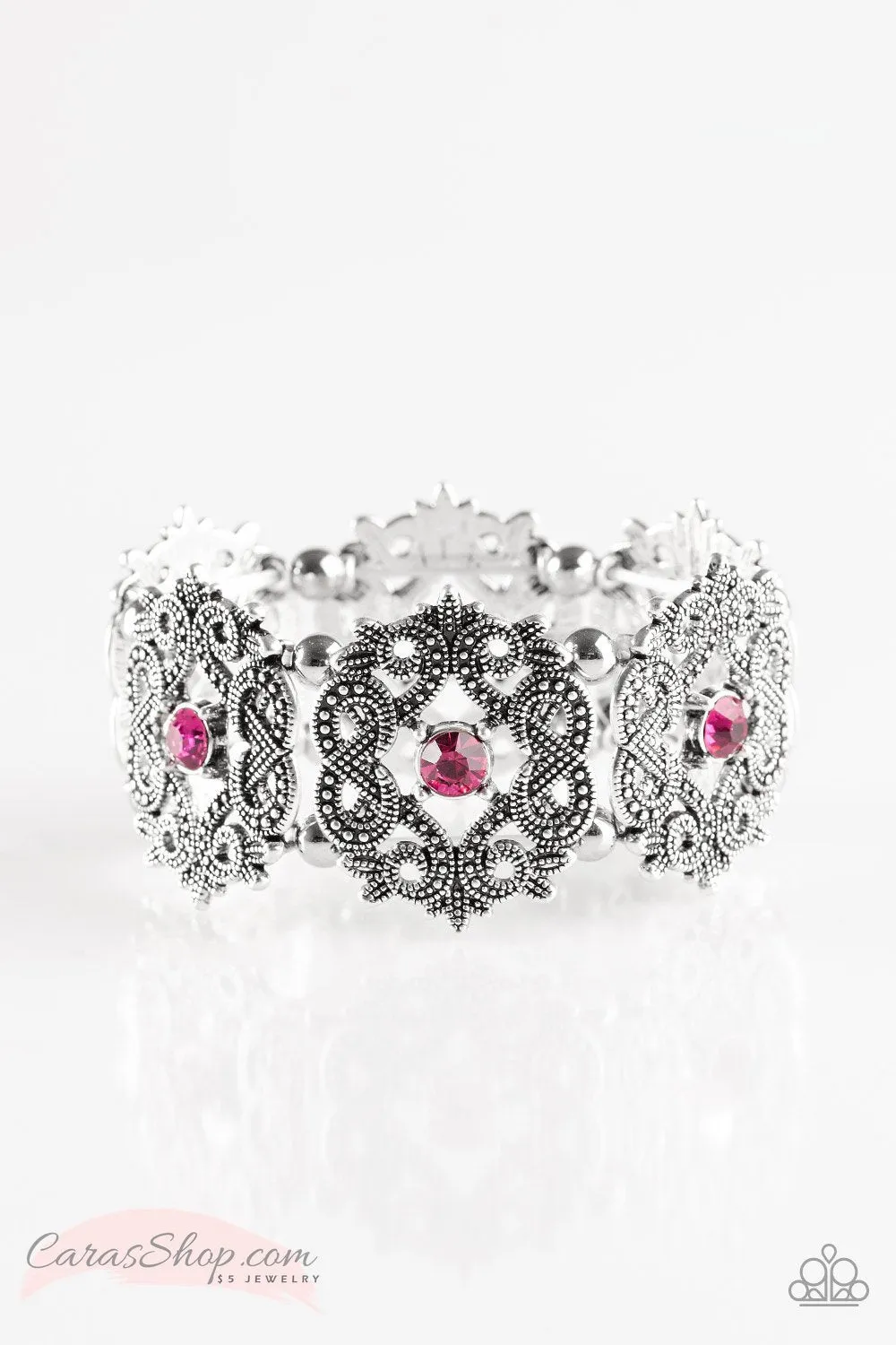 EMPRESS-ive Shimmer Ornate Silver and Pink Stretch Bracelet - Paparazzi Accessories