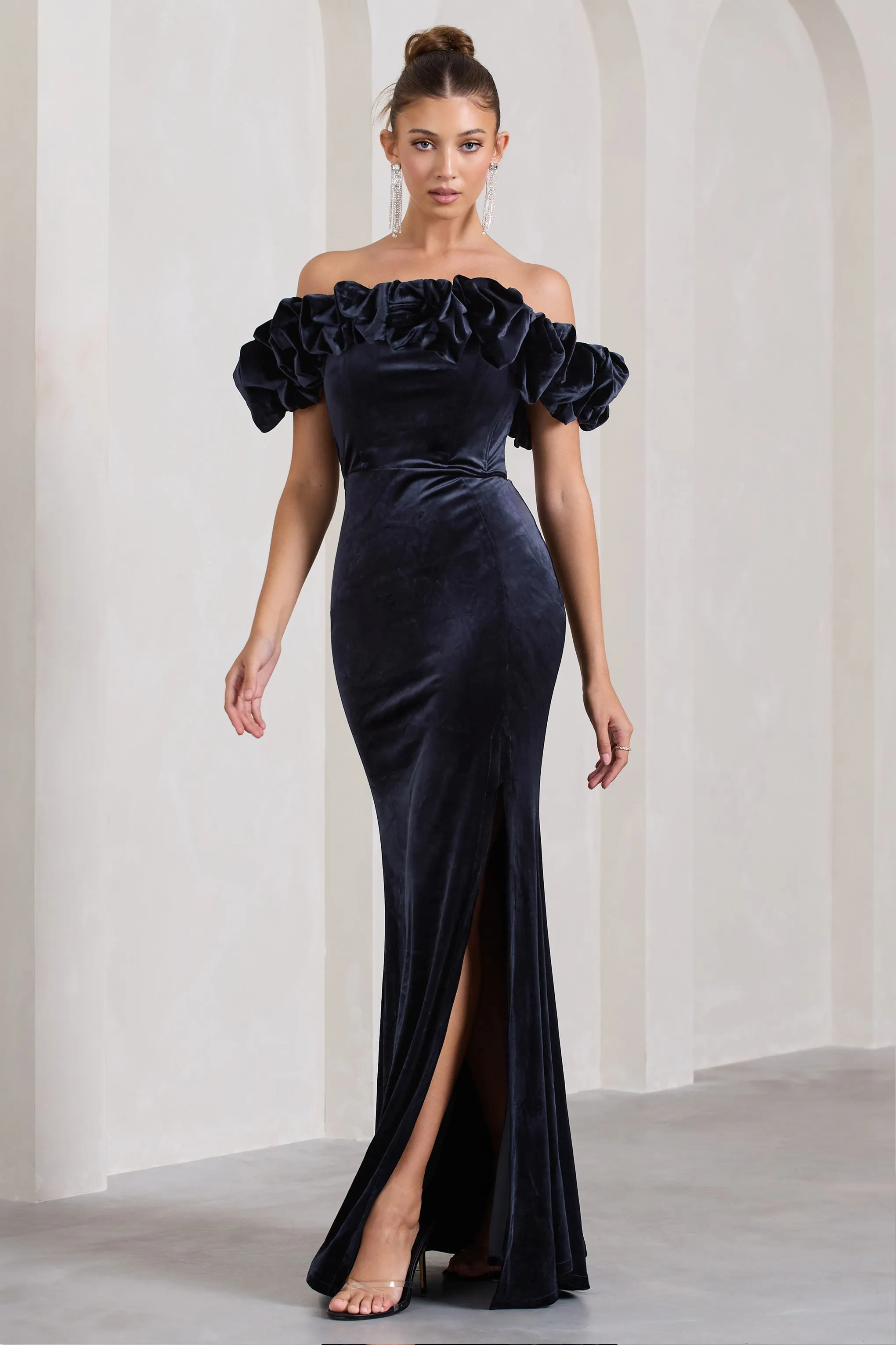 Esmeralda | Navy Velvet Structured Ruffled Bardot Maxi Dress