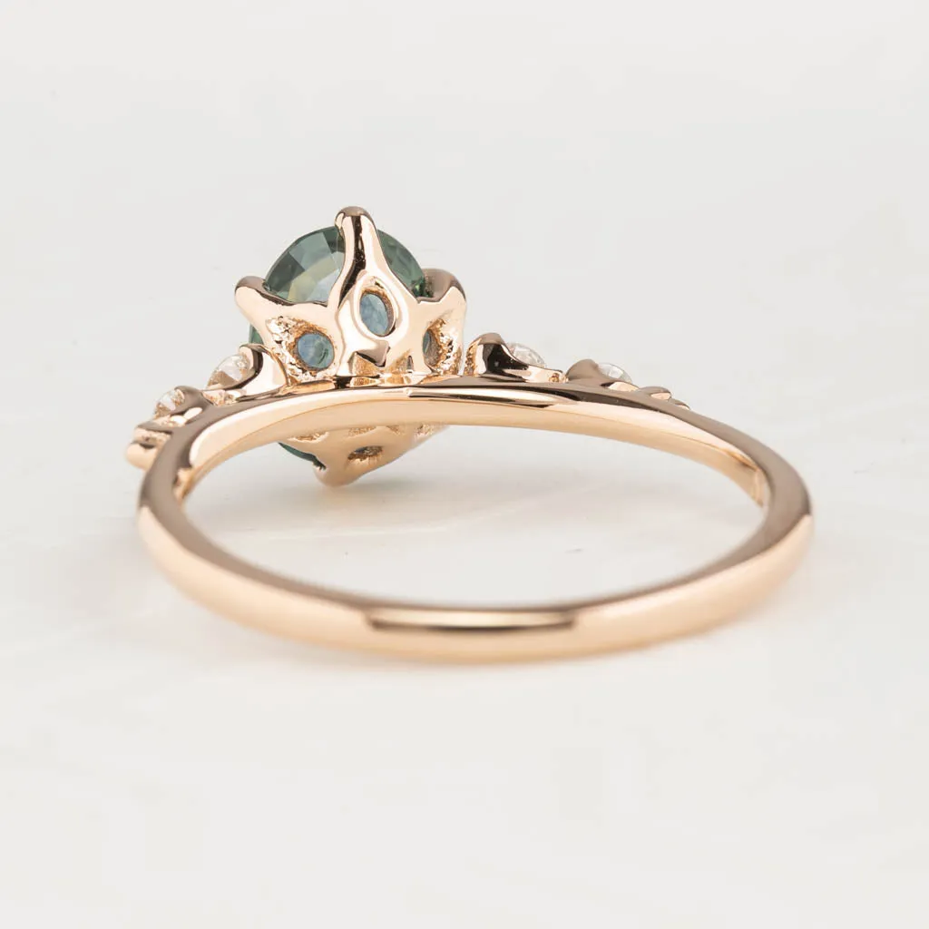 Estel Fleur Ring 1.41ct Blue Green Oval Montana Sapphire, 14K Rose Gold (One of a kind)