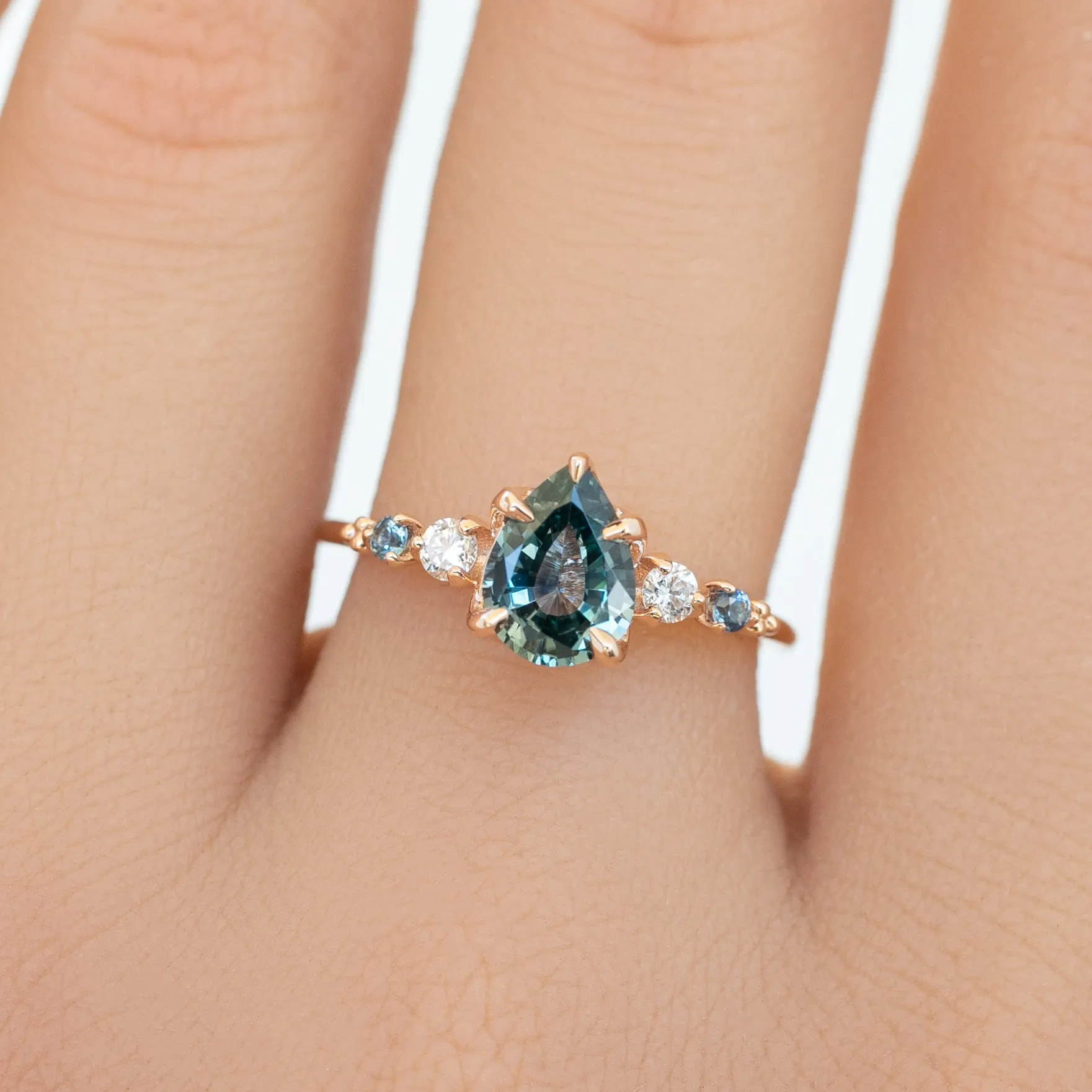 Estel Luxe Ring 1.13ct Light Blue Green Pear Montana Sapphire, 14K Rose Gold (One of a kind)