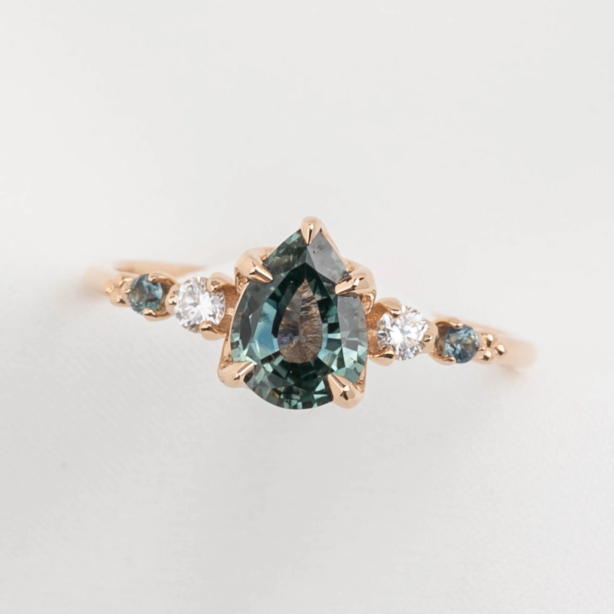 Estel Luxe Ring 1.13ct Light Blue Green Pear Montana Sapphire, 14K Rose Gold (One of a kind)