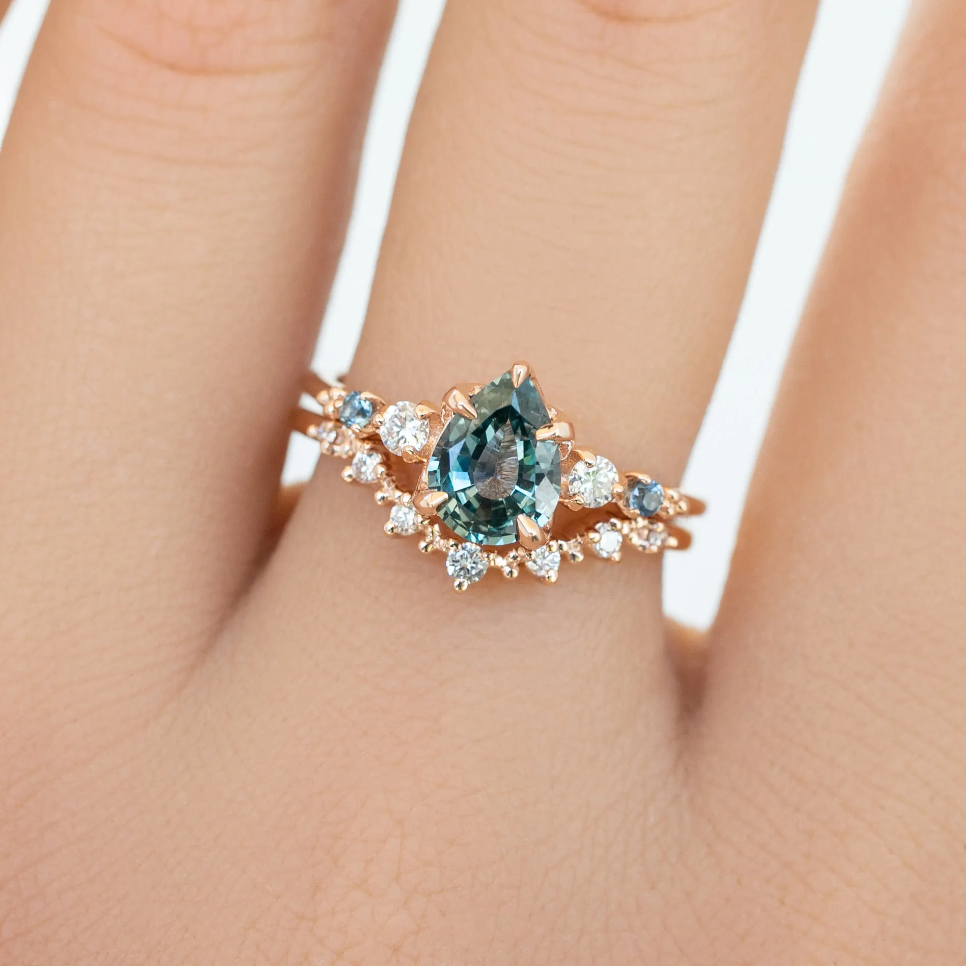 Estel Luxe Ring 1.13ct Light Blue Green Pear Montana Sapphire, 14K Rose Gold (One of a kind)