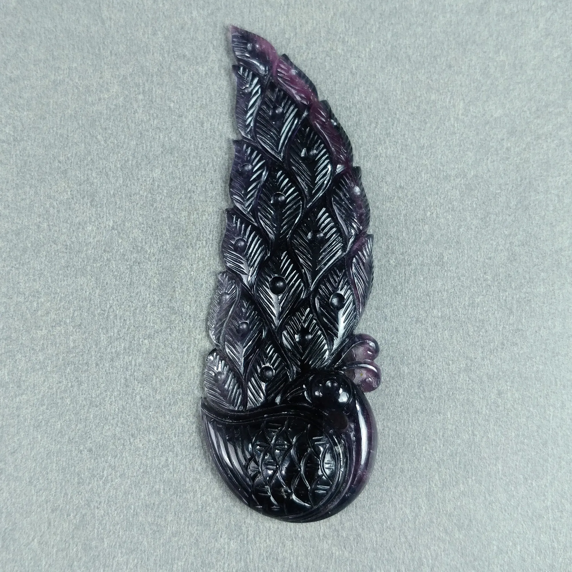 Exclusive BLACK PINK TOURMALINE Gemstone Carving : 75.50cts Natural Untreated Tourmaline Hand Carved PEACOCK 70*25mm*8(h)