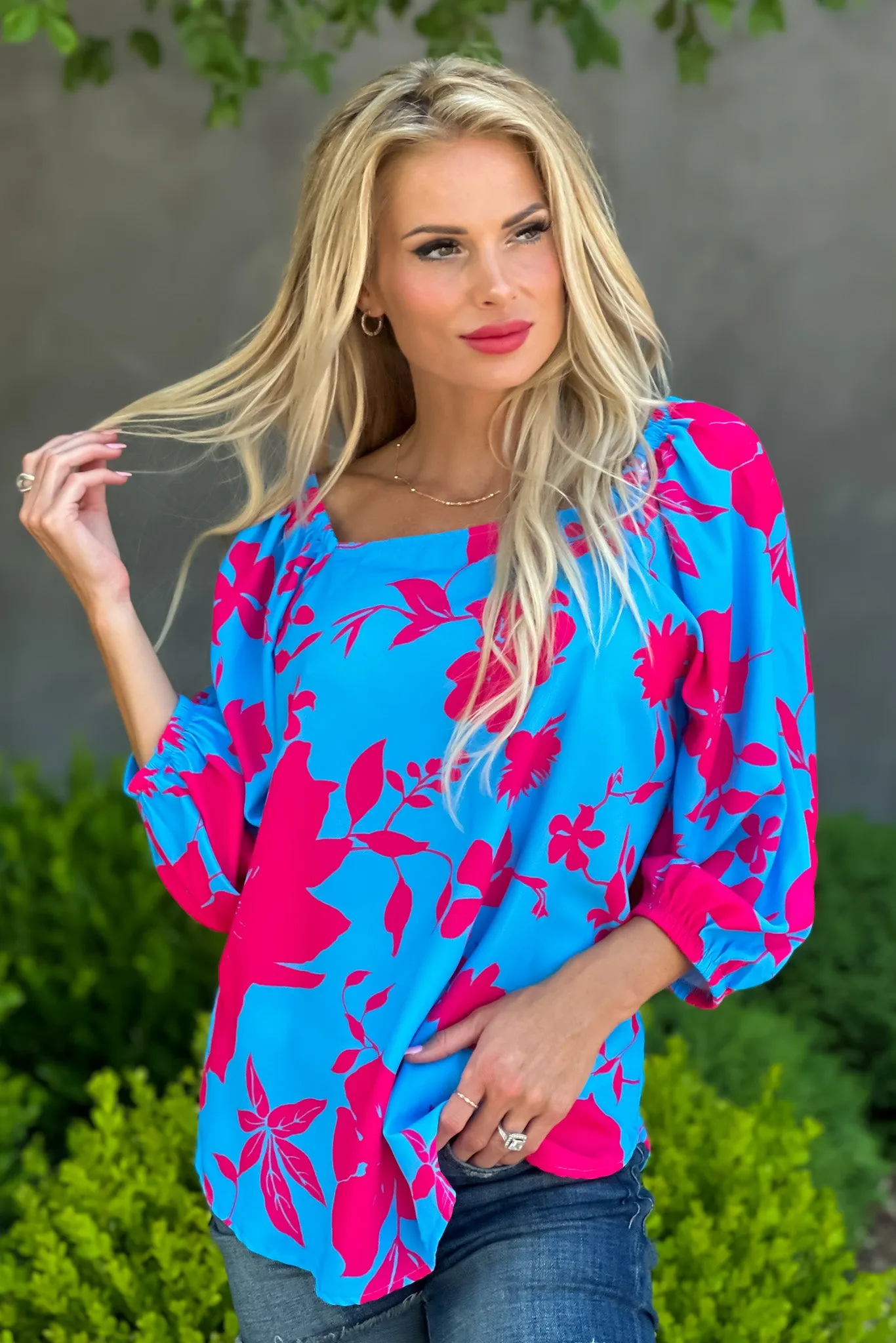 Feeling Elated 3/4 Puff Sleeve Blouse : Blue/Pink