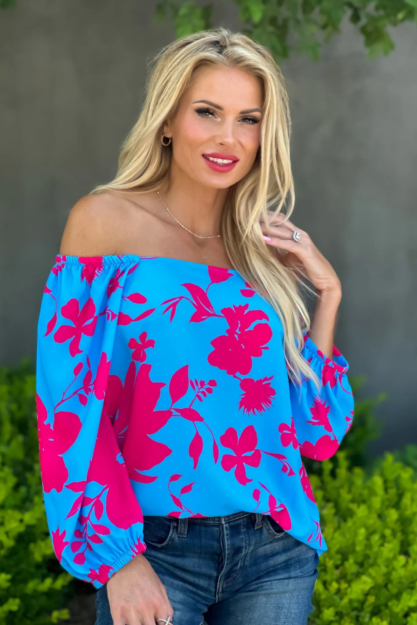 Feeling Elated 3/4 Puff Sleeve Blouse : Blue/Pink