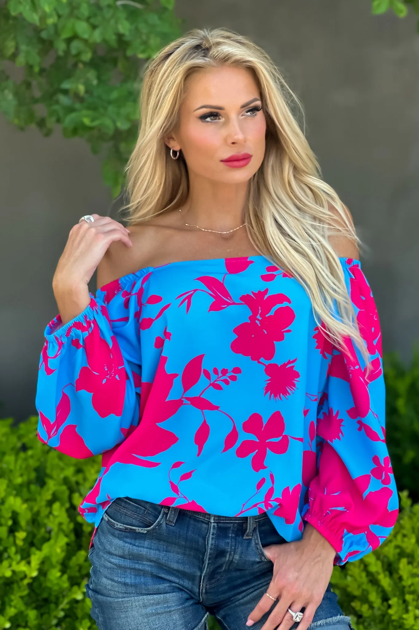 Feeling Elated 3/4 Puff Sleeve Blouse : Blue/Pink