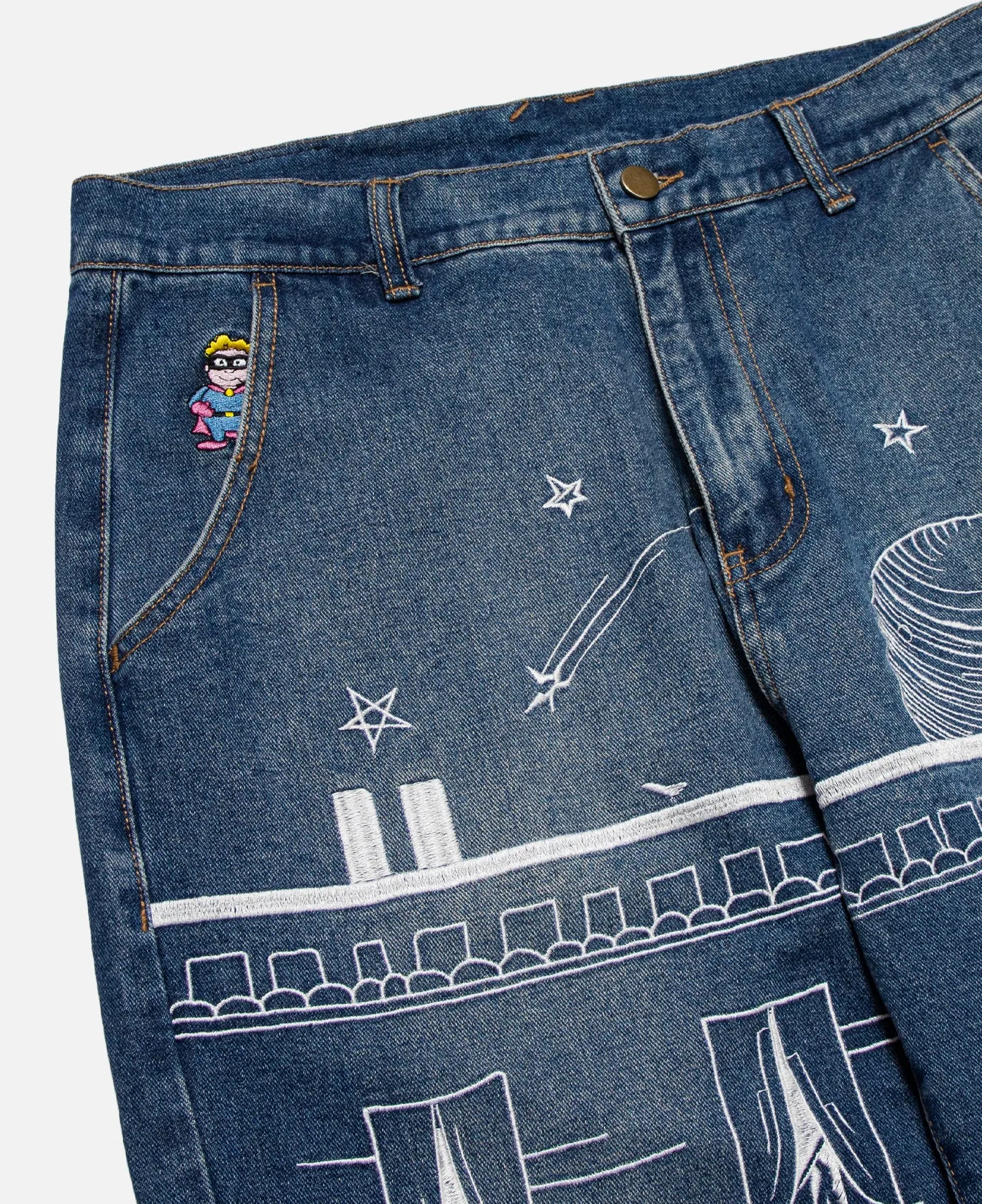 Fire Escape Embroidered Jeans (Blue)