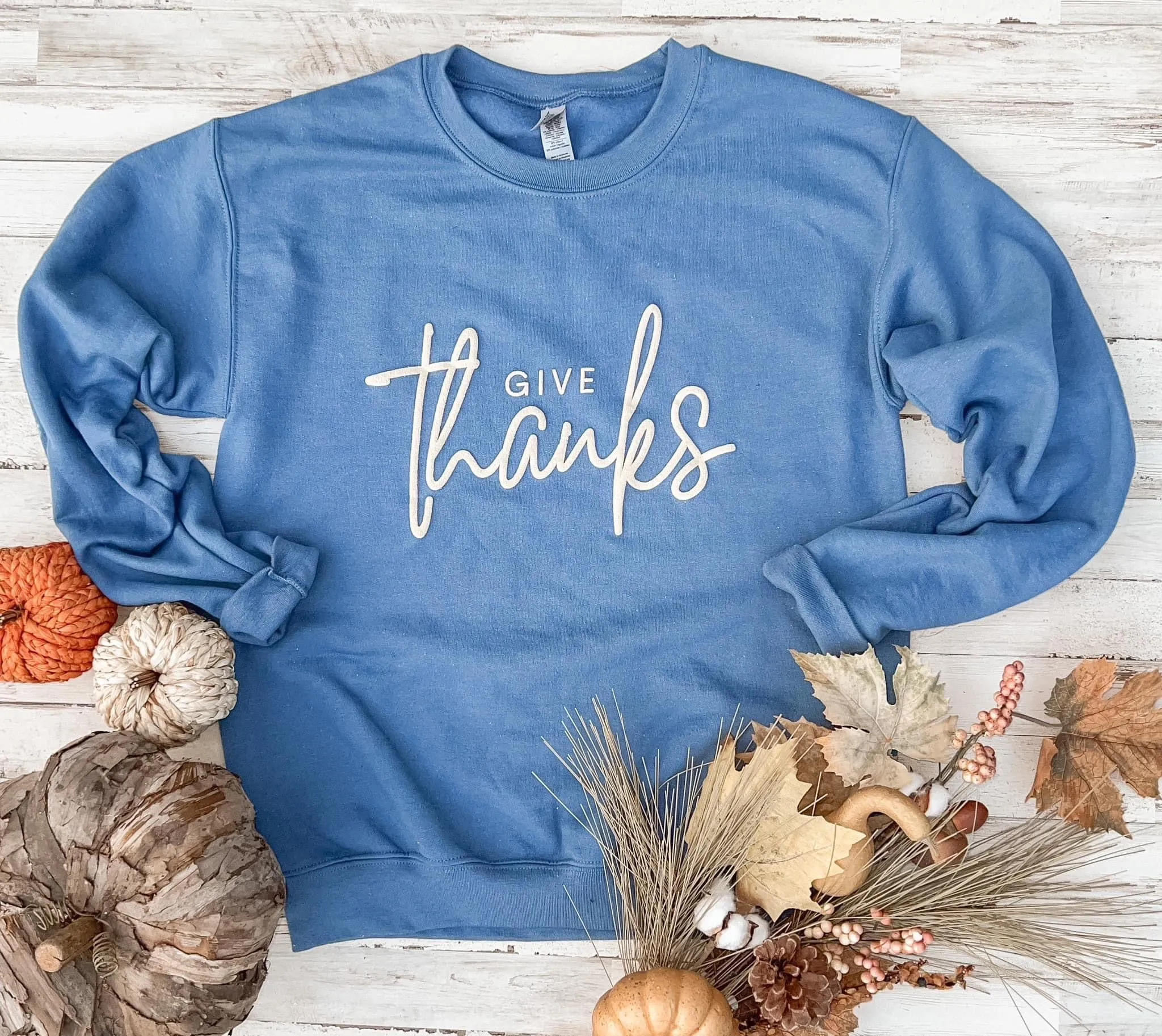 {GIVE THANKS} Puff Ink Indigo Crew Neck Sweatshirt