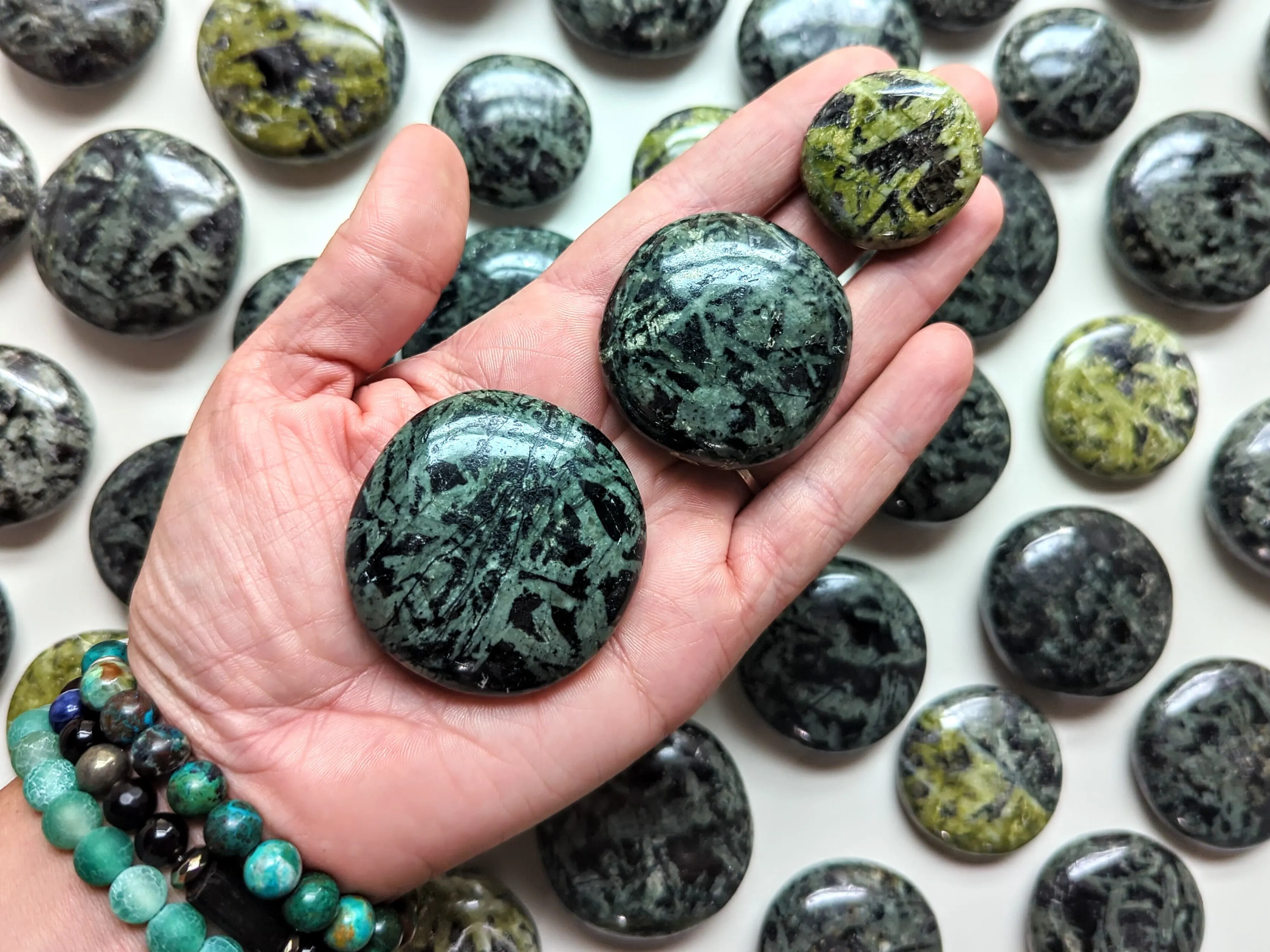 Green Flower Tourmaline Round UFO Palm Stone