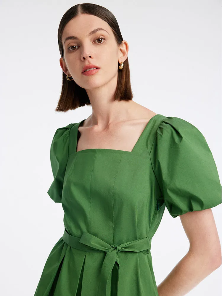 Green Square Neck Puff Sleeve A-Line Mini Dress