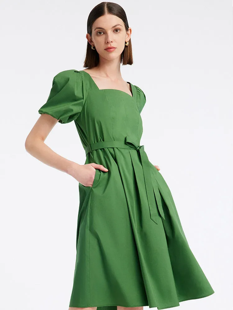 Green Square Neck Puff Sleeve A-Line Mini Dress