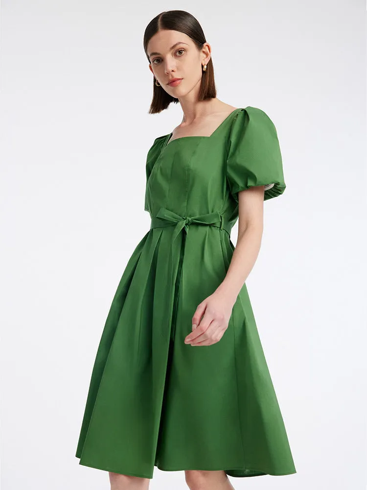 Green Square Neck Puff Sleeve A-Line Mini Dress