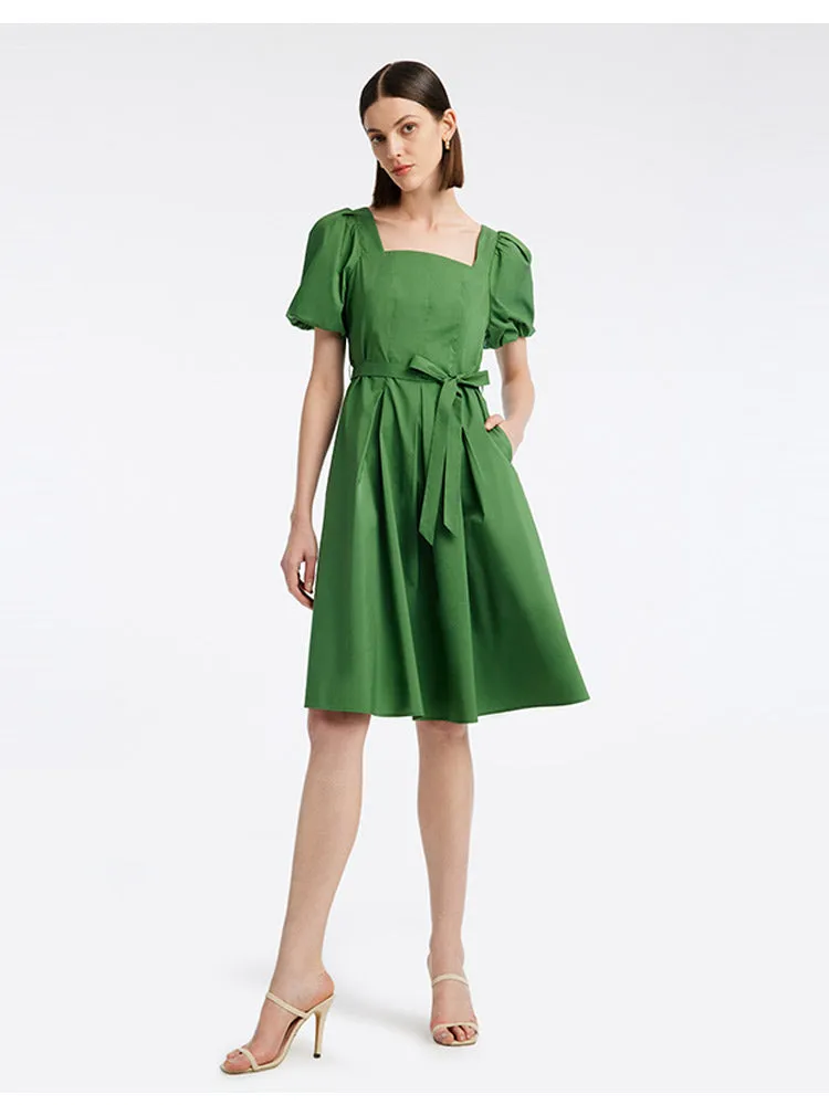 Green Square Neck Puff Sleeve A-Line Mini Dress