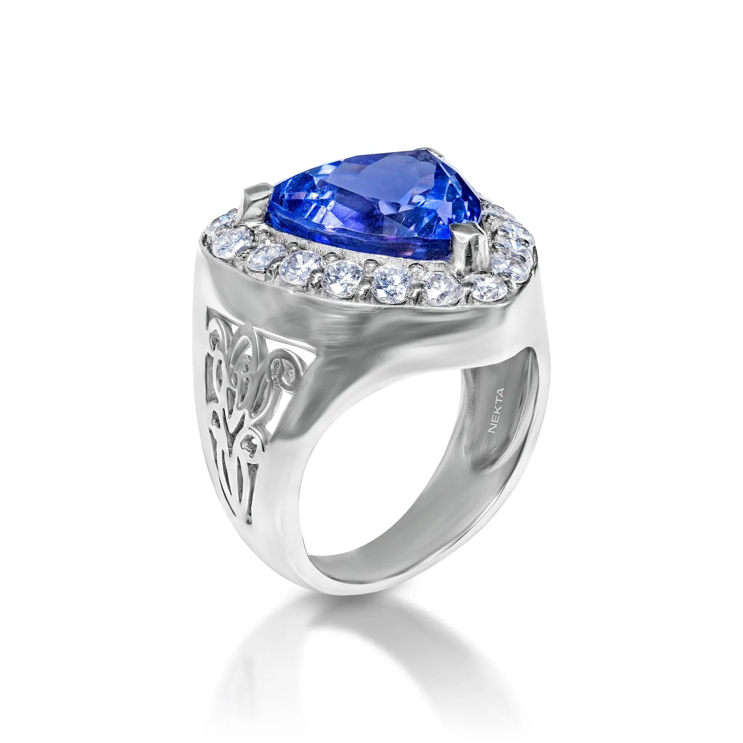 Juliet 10 Carats Trilliant Cut Blue Tanzanite Ring Halo in 14k White Gold