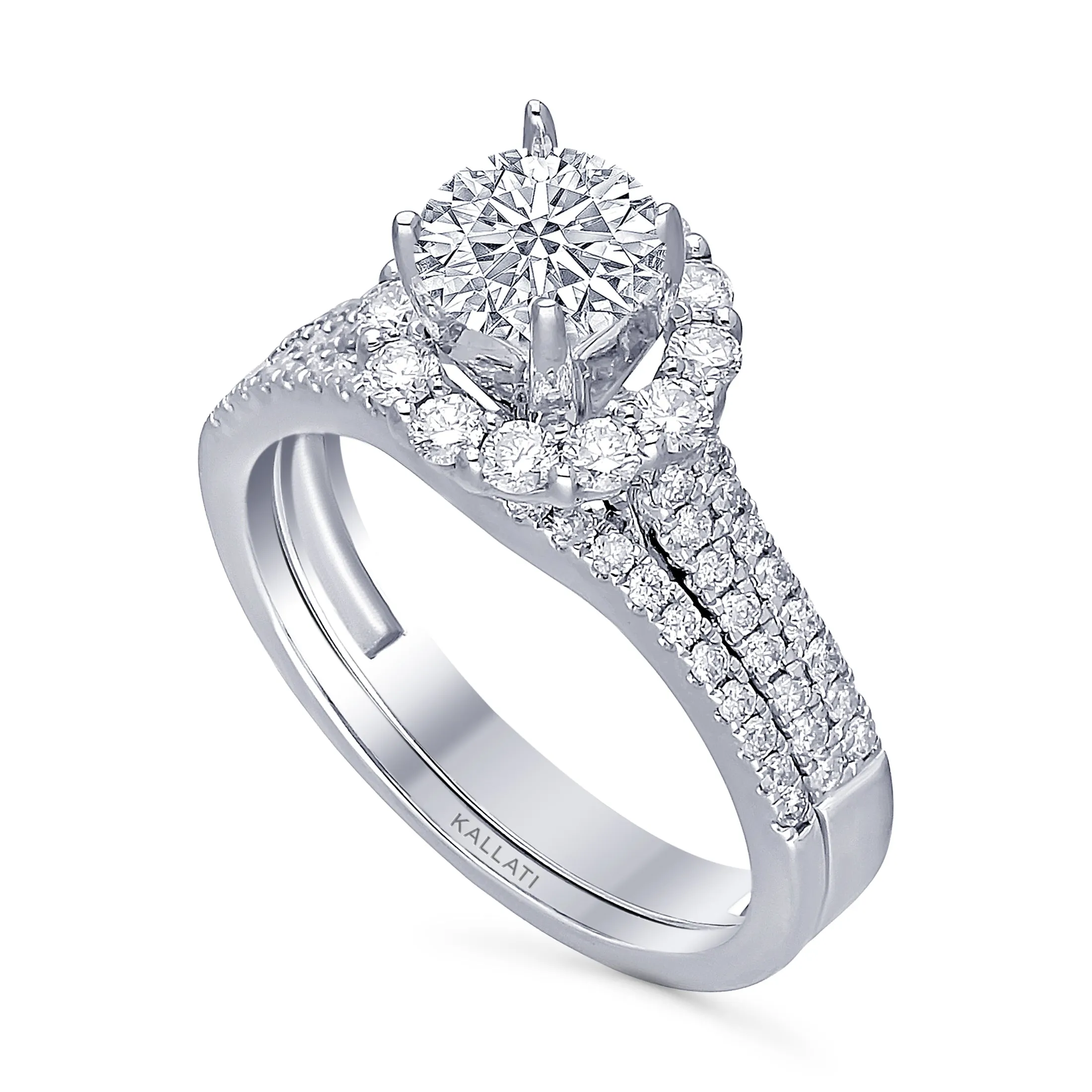 Kallati Eternal Round Halo Diamond Engagement Ring With Matching Band in 14K White Gold