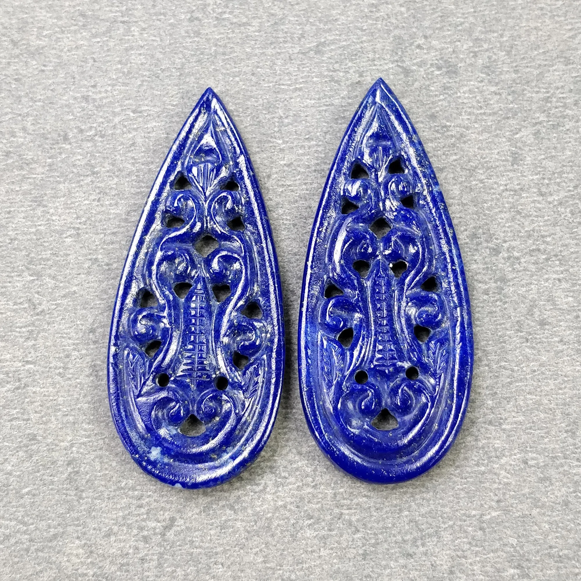 LAPIS LAZULI Gemstone Carving : 40.50cts Natural Untreated Blue Lapis Hand Carved Pear Shape 41.5*18mm Pair