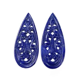 LAPIS LAZULI Gemstone Carving : 40.50cts Natural Untreated Blue Lapis Hand Carved Pear Shape 41.5*18mm Pair