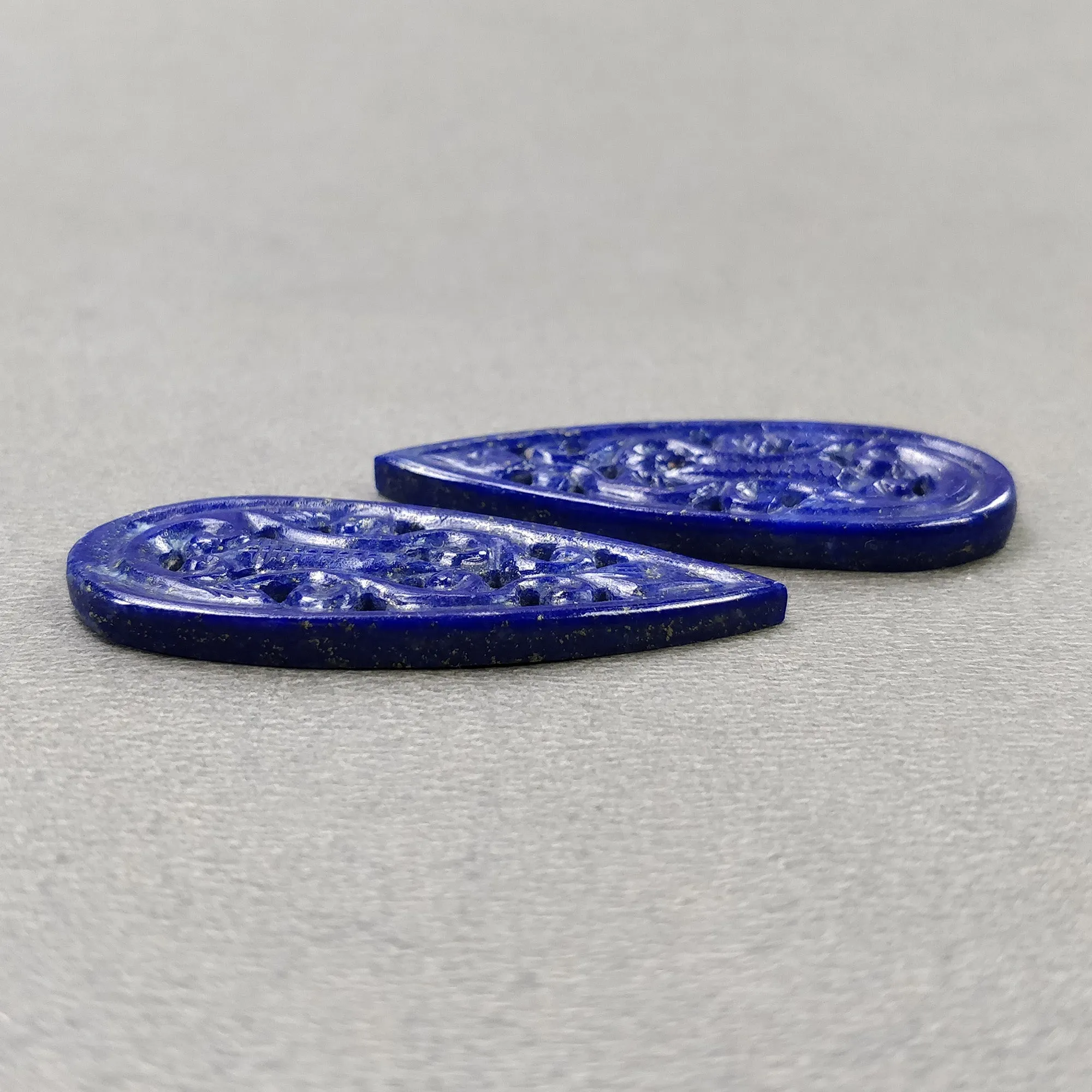 LAPIS LAZULI Gemstone Carving : 40.50cts Natural Untreated Blue Lapis Hand Carved Pear Shape 41.5*18mm Pair