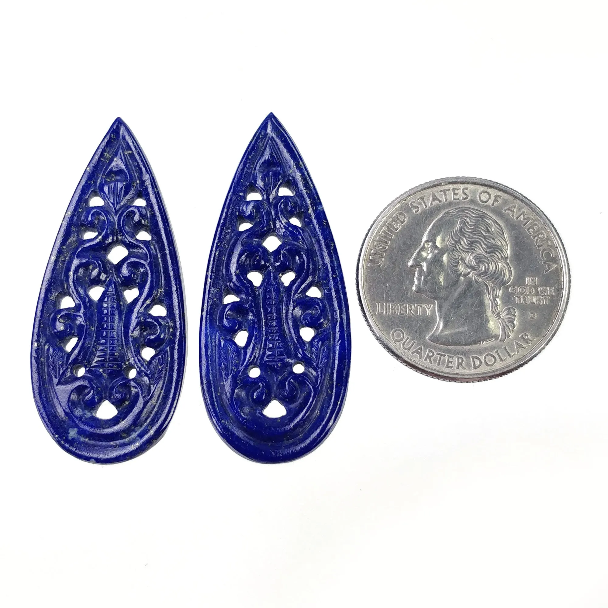 LAPIS LAZULI Gemstone Carving : 40.50cts Natural Untreated Blue Lapis Hand Carved Pear Shape 41.5*18mm Pair