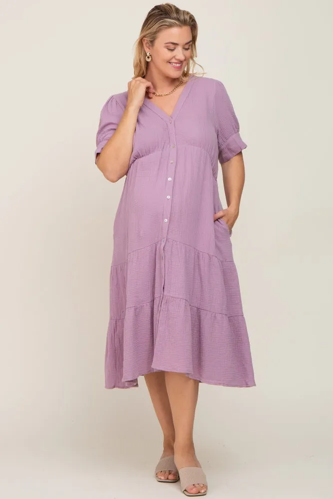 Lavender Button Down Short Sleeve Plus Maternity Dress