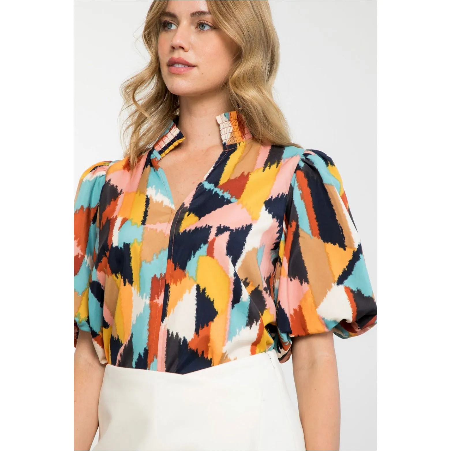 Lila Abstract Print Puff Sleeve THML Blouse