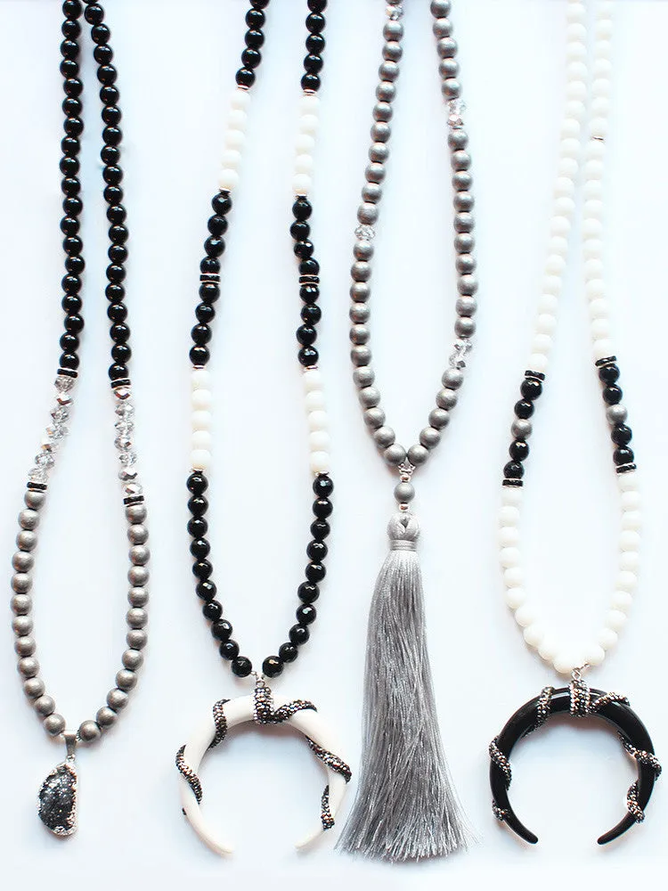 Long Gemstone Beaded Tassel Horn Tusk Pendant Necklace-Black & White