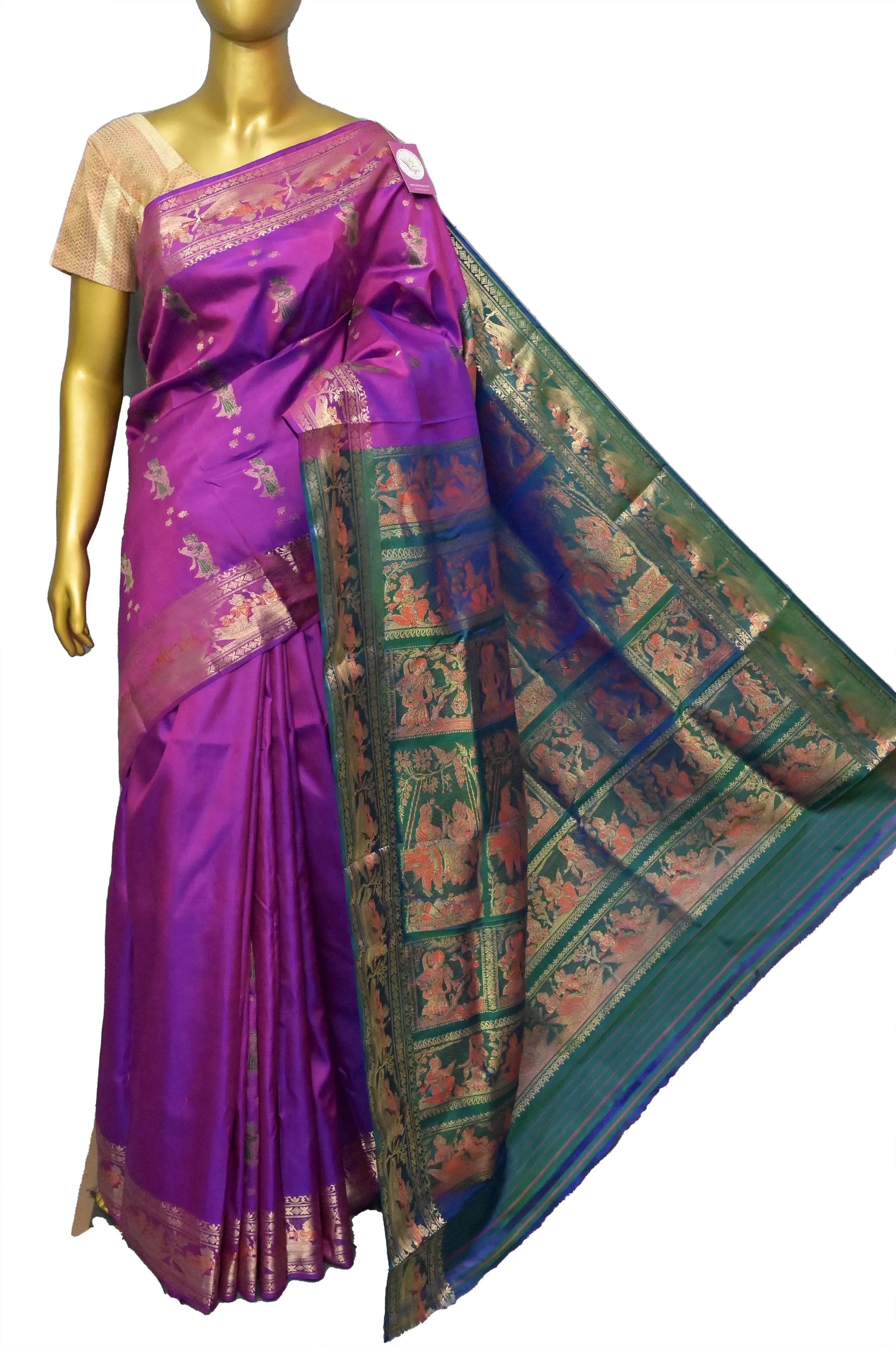 Magenta and Green Dual-Tone Color Pure Baluchari Silk Saree