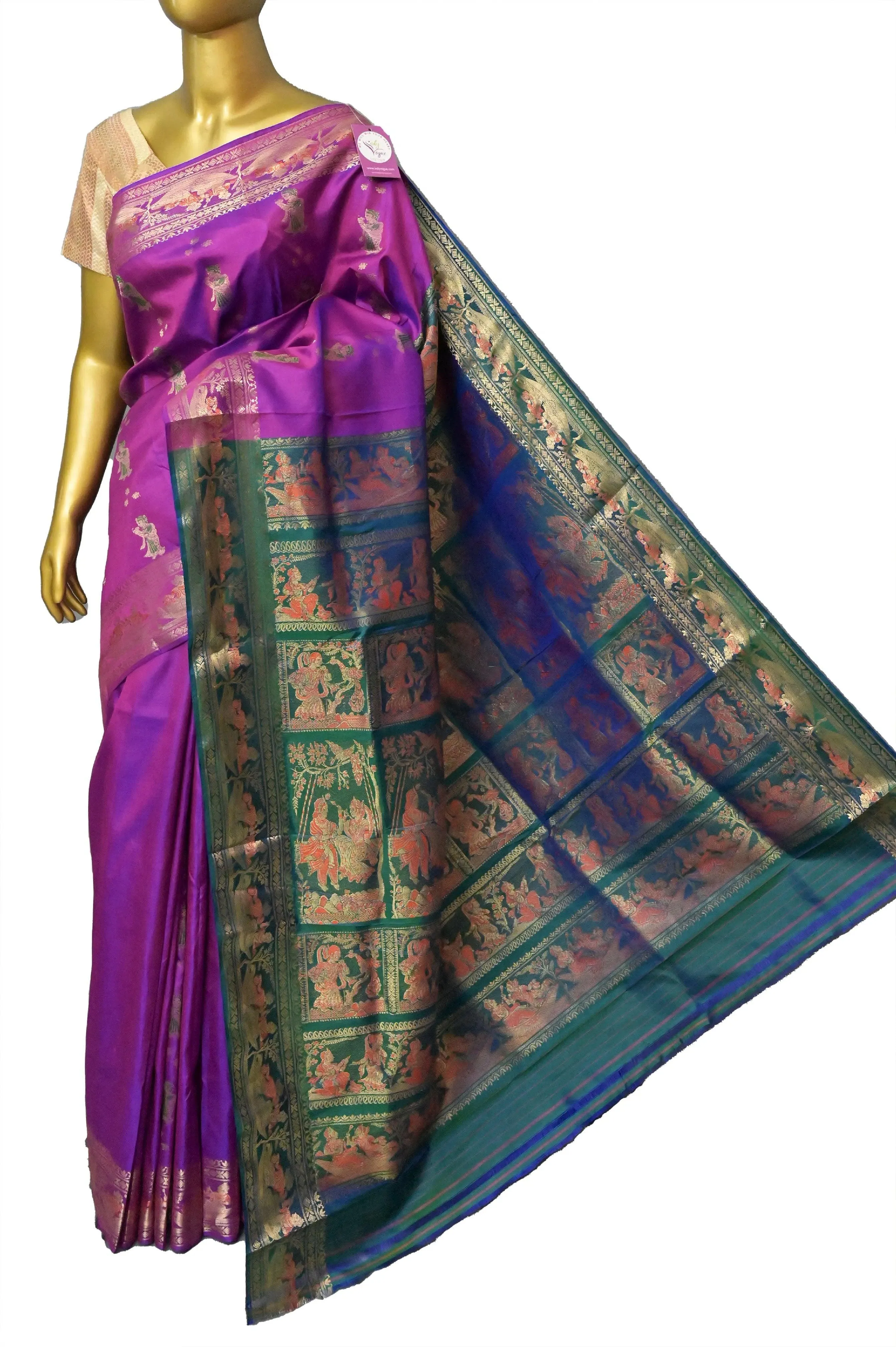 Magenta and Green Dual-Tone Color Pure Baluchari Silk Saree