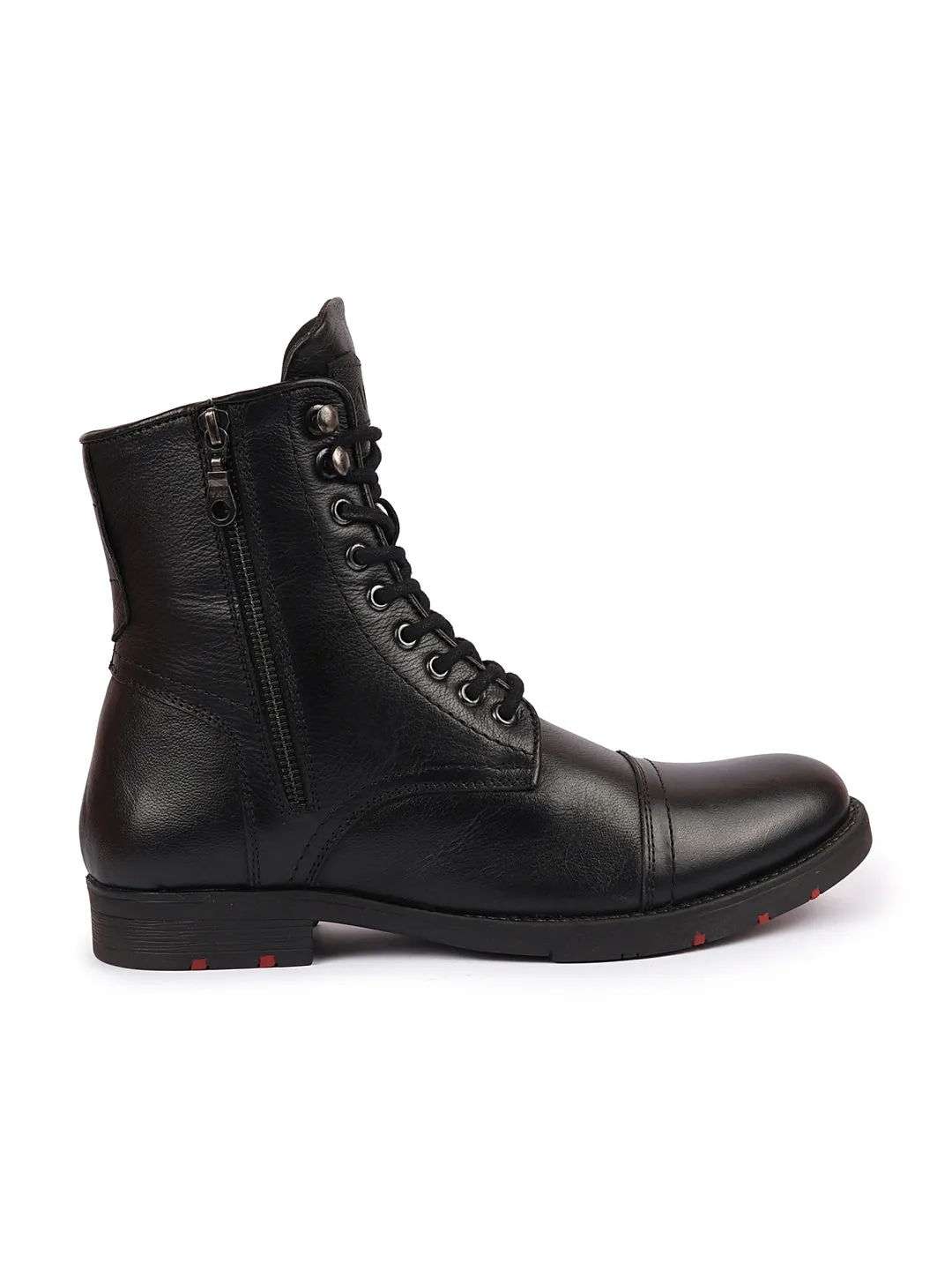 Men Black High Top Genuine Leather Hook and 7-Eye Lace Up Side Zipper Cap Toe Classic Flat Boots