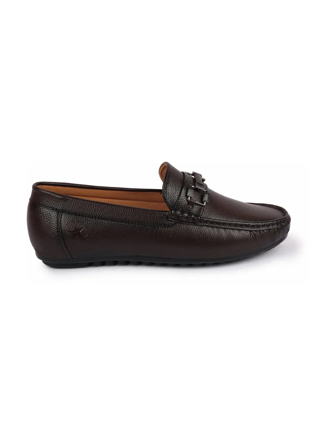 Men Brown Textured Design Horsebit Buckle Casual Classic Slip On Moccasins and Loafers