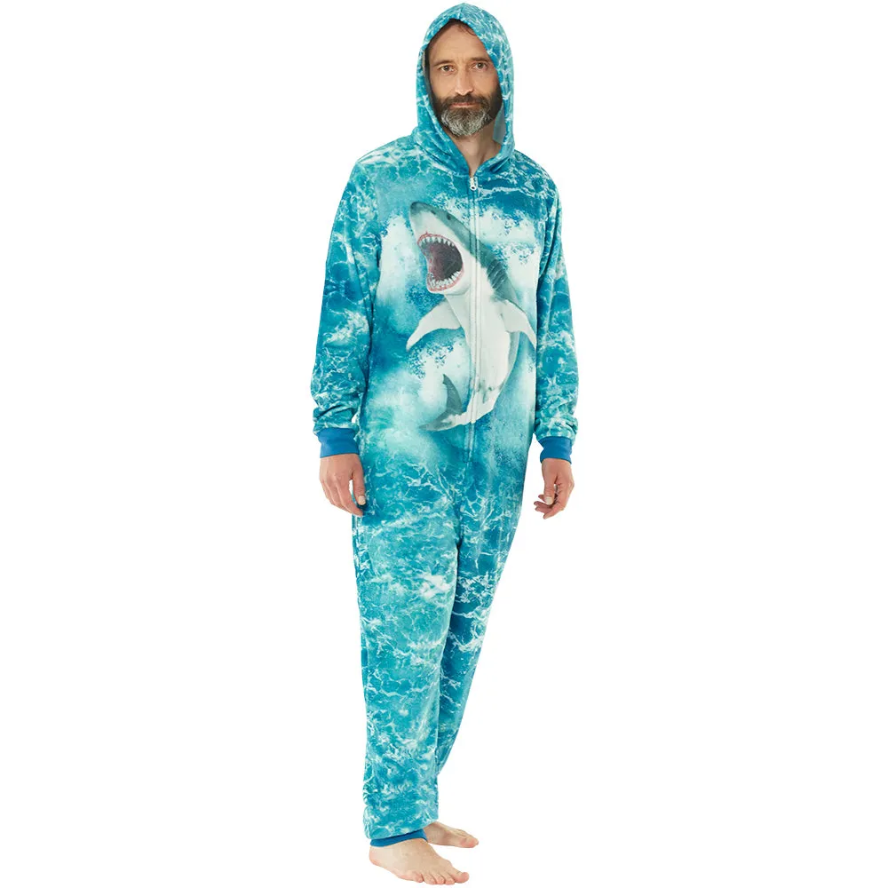 Mens Blue Digital Shark Onesie