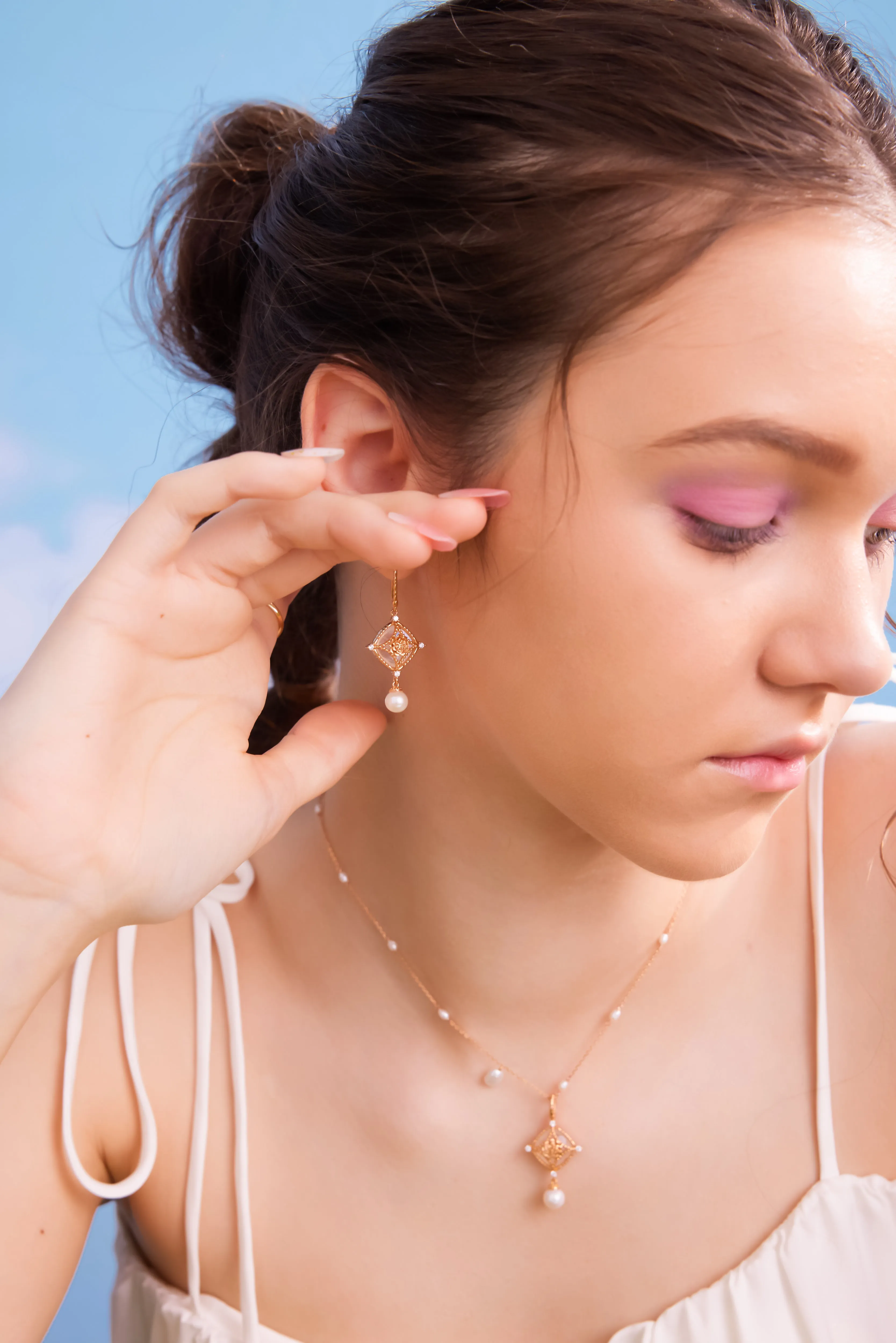 Moonstone & Freshwater Pearl Gold Earrings - Water Lily