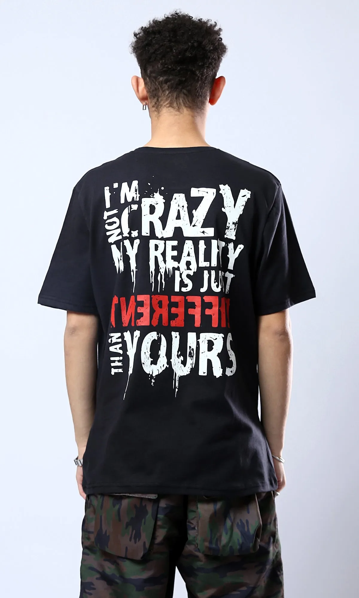 O178962 Different Front Print & Back Comfy Tee - Black