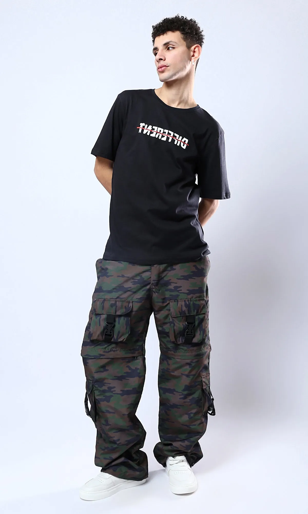 O178962 Different Front Print & Back Comfy Tee - Black