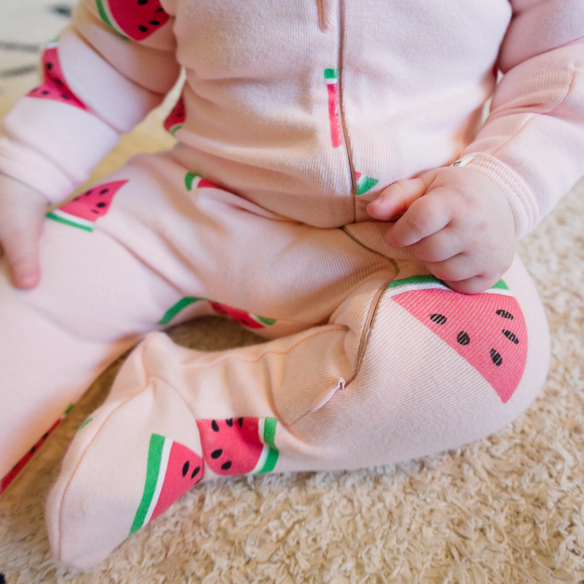 oh baby! Cotton Baby Rib Zipper Footie - Watermelon Print - Pink