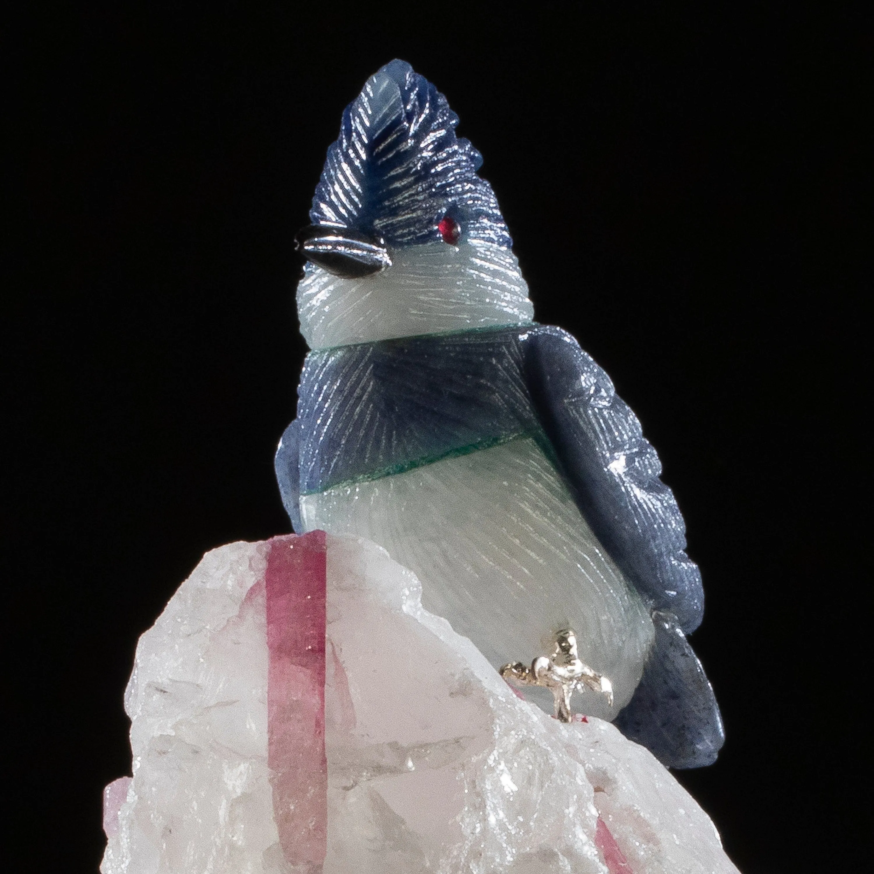 Peter Muller Dumortuorite Kingfisher Love Bird Carving on Quartz & Pink Tourmaline Base