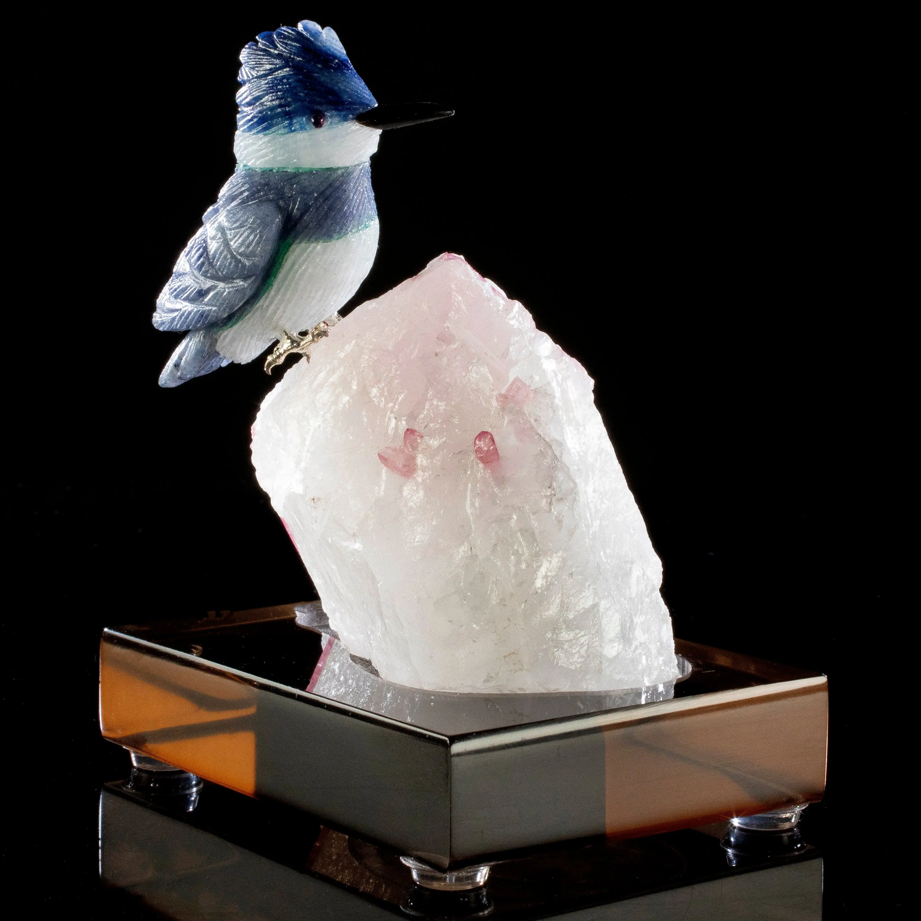 Peter Muller Dumortuorite Kingfisher Love Bird Carving on Quartz & Pink Tourmaline Base