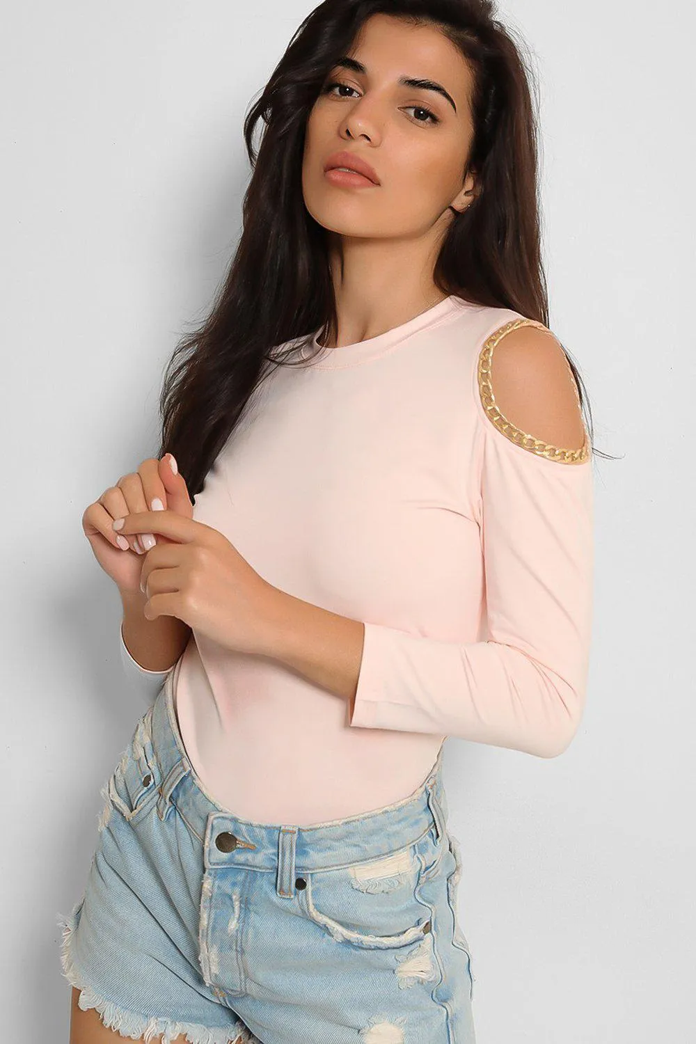 Pink Chain Trim Cold Shoulder Slinky Top