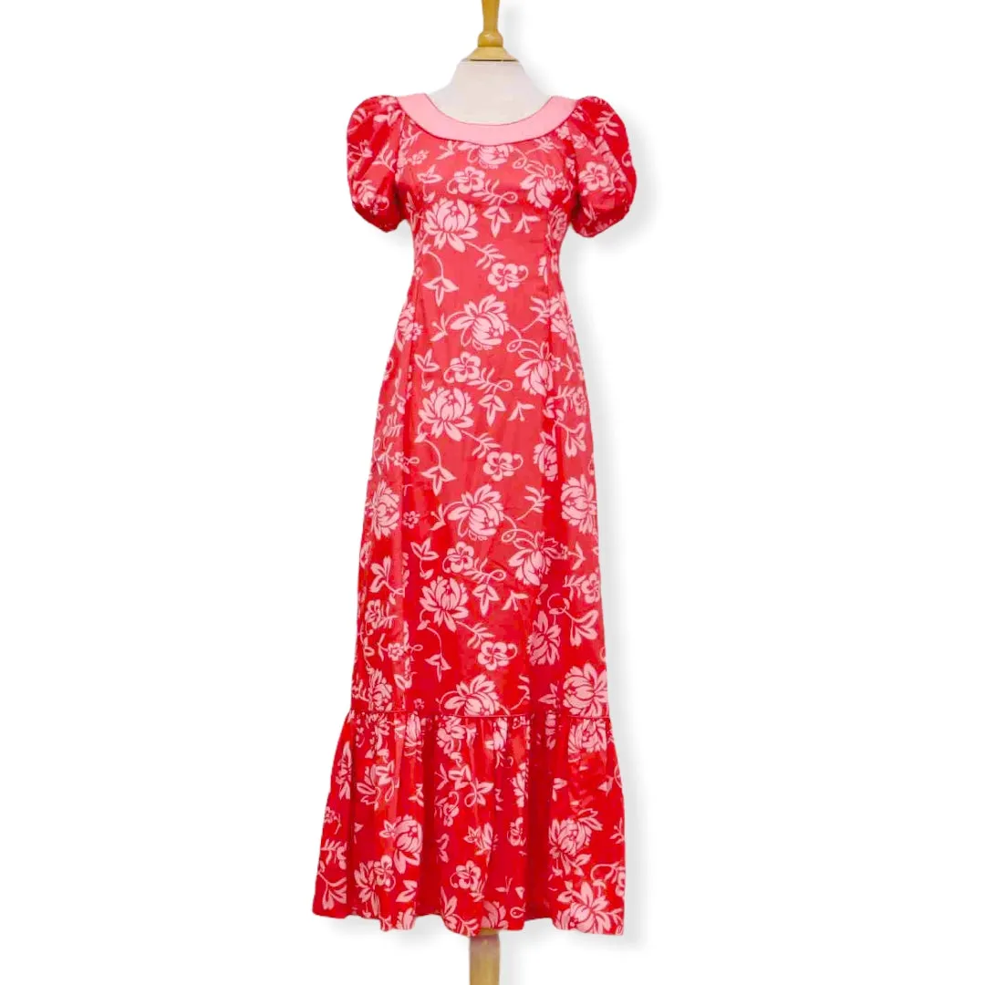 Pink Puff Sleeve Flower Hand Print Hawaiian Dress 992