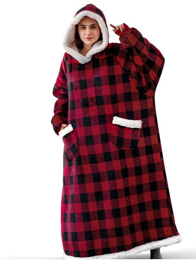 Pink Women's Cozy Grid/Plaid Pattern Blanket Hoodie Pajama Loungewear