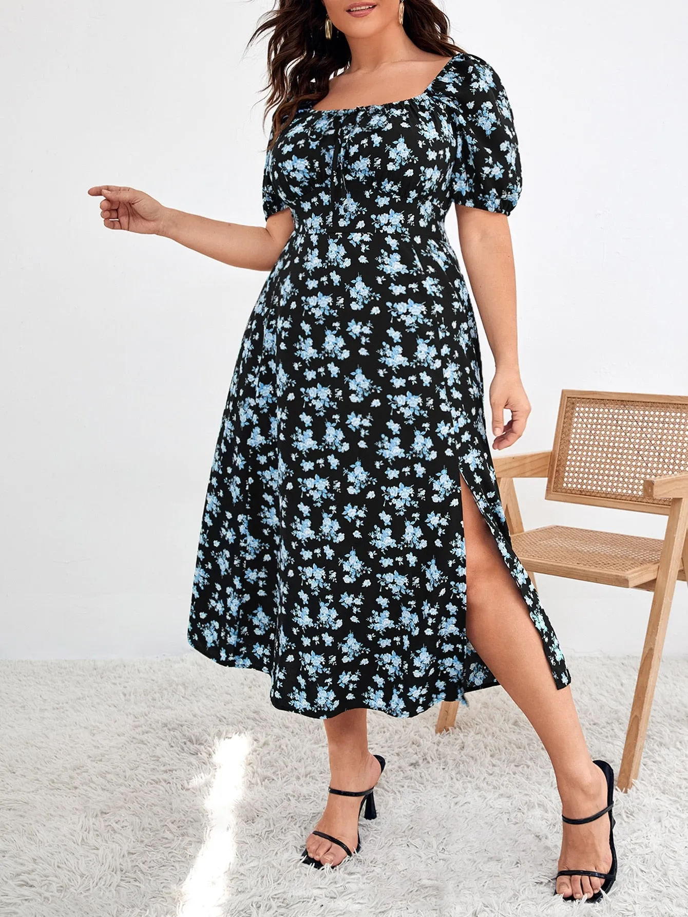 Plus Floral Print Puff Sleeve Knot Front Split Thigh Dress