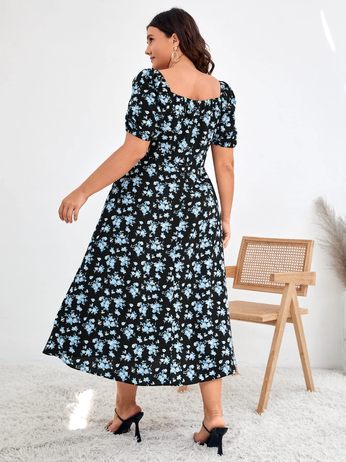 Plus Floral Print Puff Sleeve Knot Front Split Thigh Dress