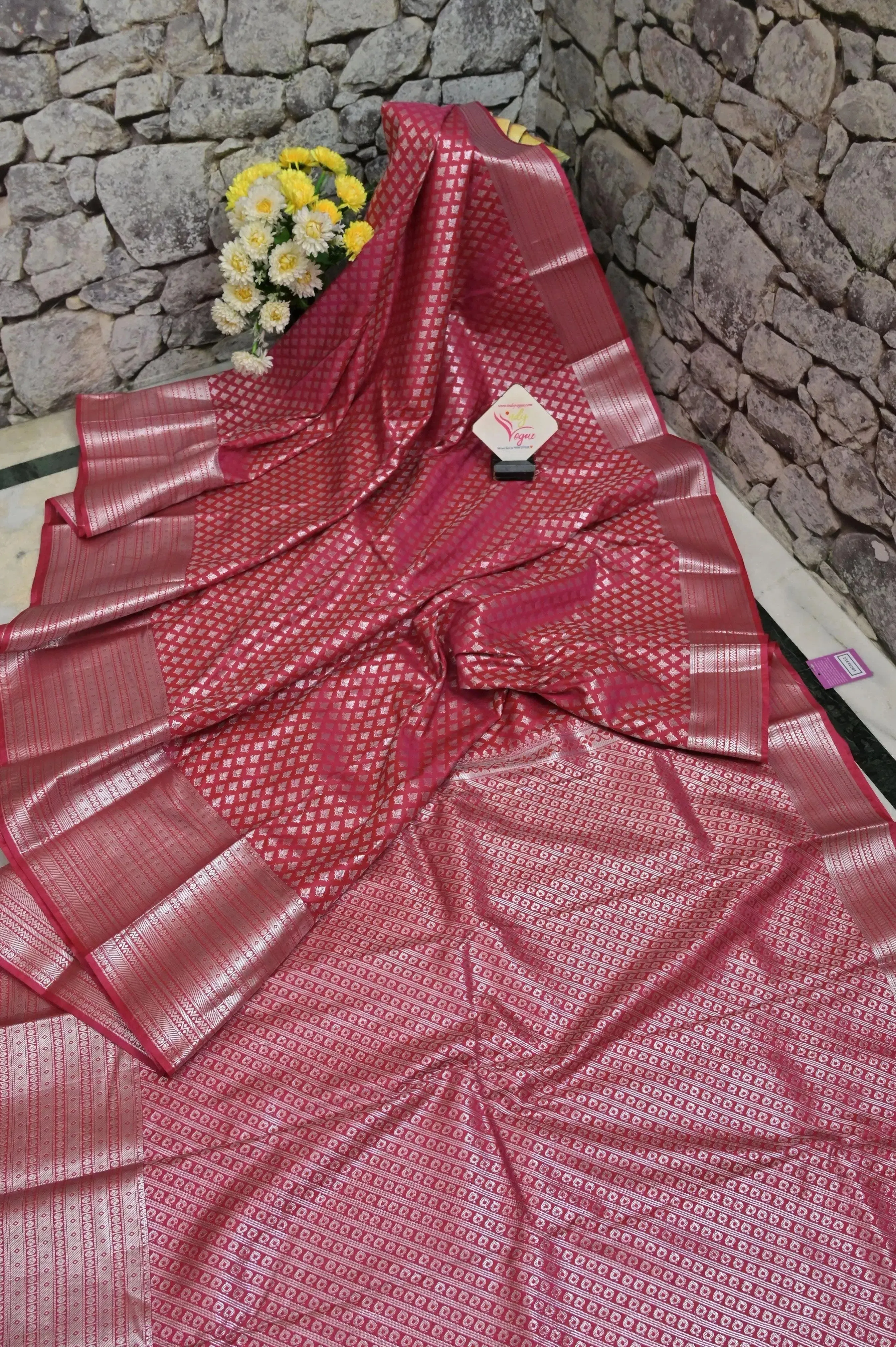 Raspberry Pink Color South Silk Saree with Silver Zari Work