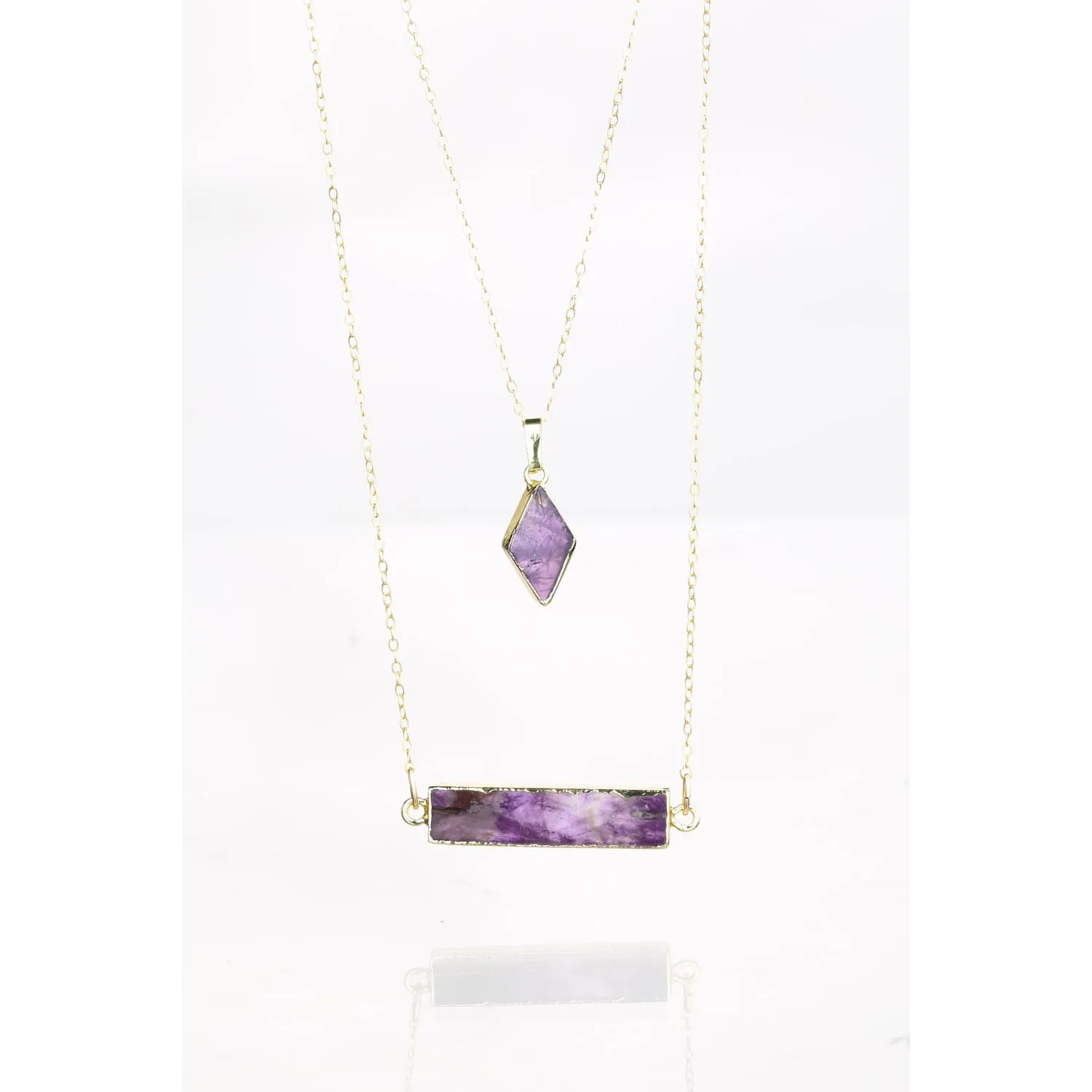 Raw Amethyst Bar Necklace for Women, Gem Slice Necklace, February Birthstone Pendant, Raw Gemstone Necklace  • 24k Dip