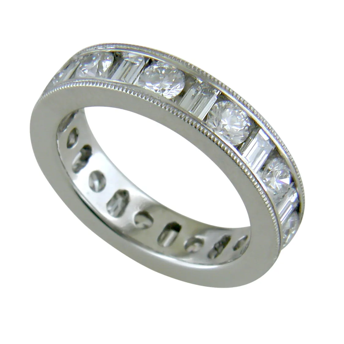 Round & Baguette Diamond Alternating Eternity Channel Set Platinum Wedding Band Ring