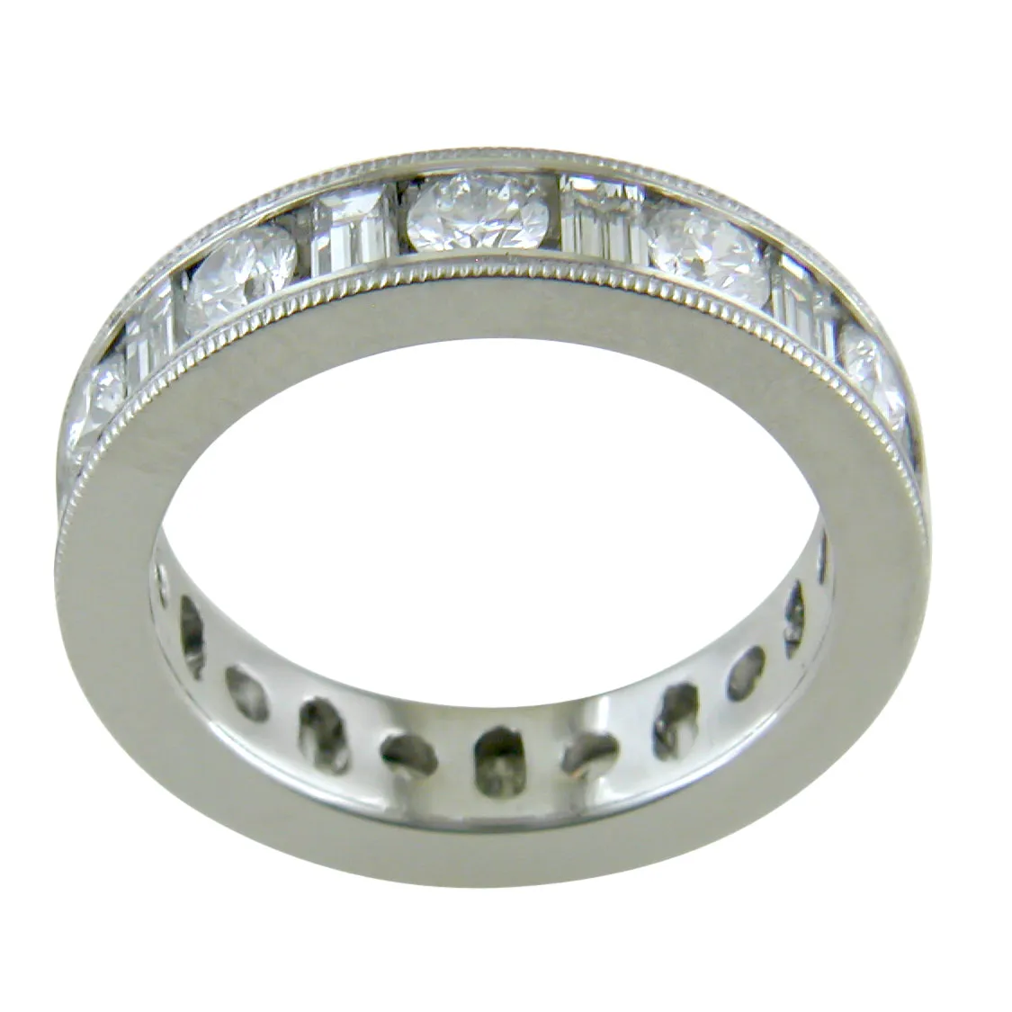 Round & Baguette Diamond Alternating Eternity Channel Set Platinum Wedding Band Ring